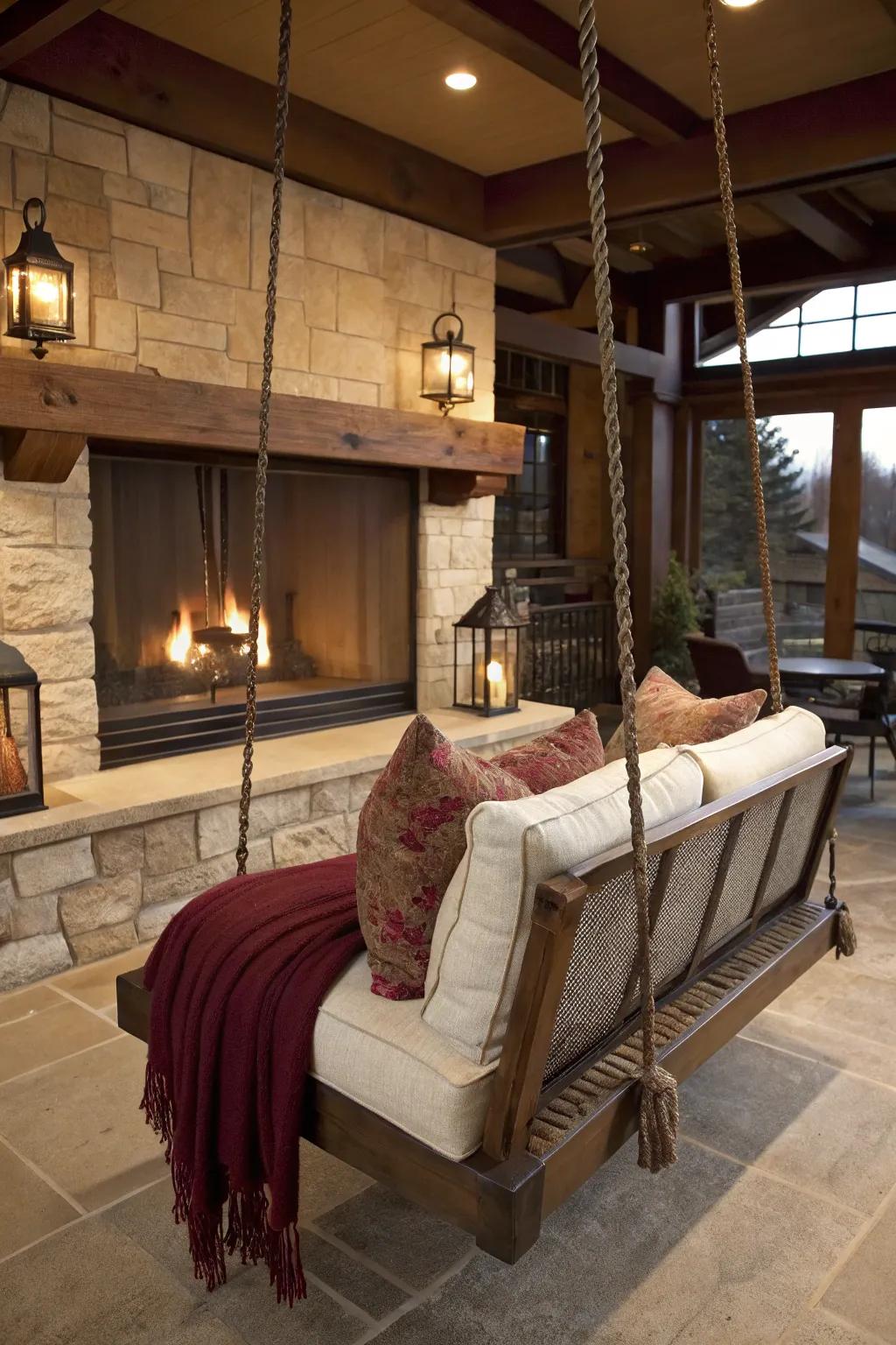 A swinging bench adds a playful element to your hearth seating, perfect for family fun.