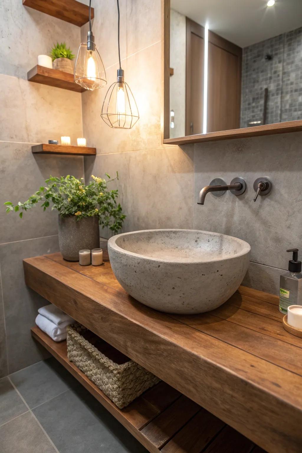Combine modern and rustic with a concrete sink and wooden shelf.