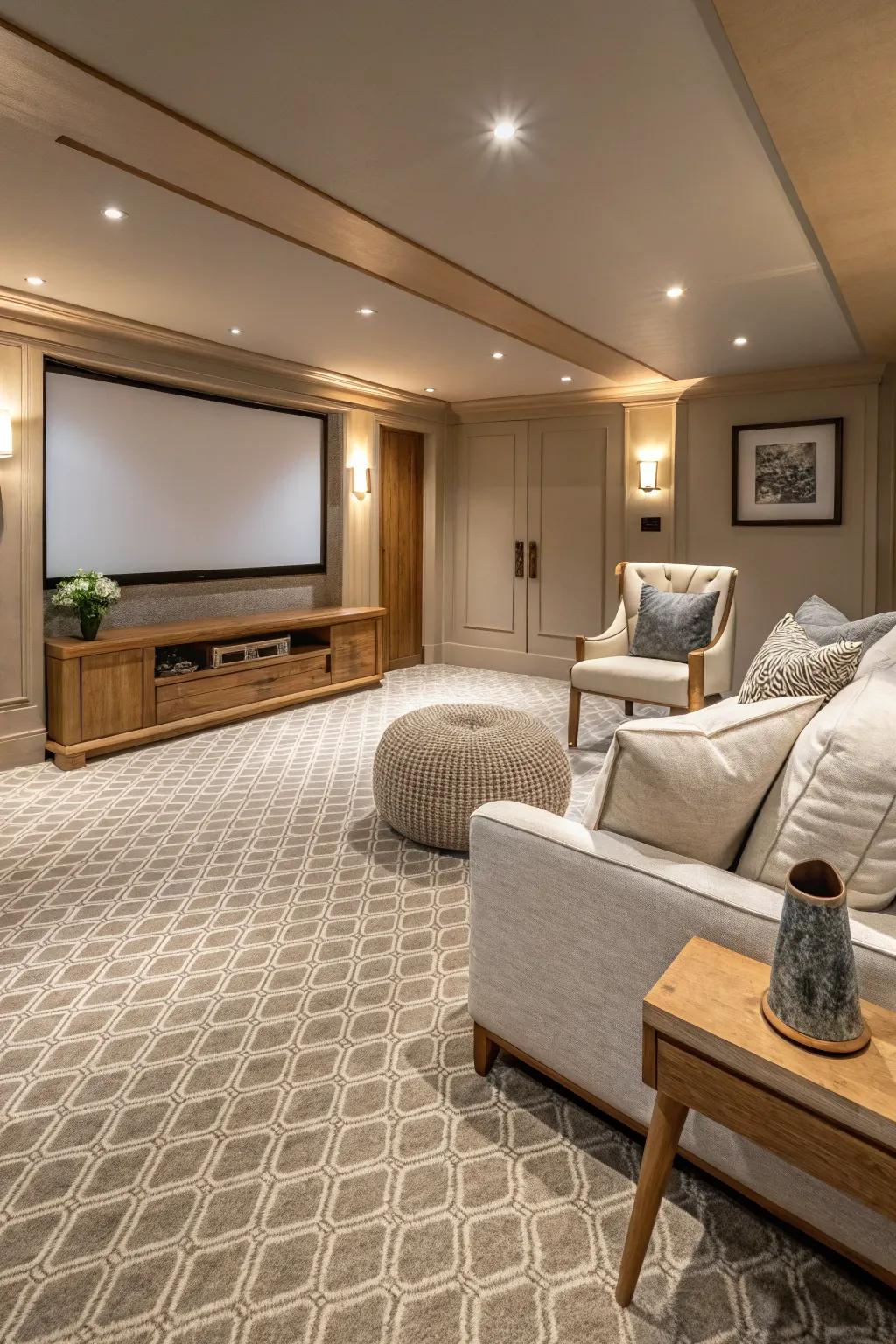 Textured carpets offer both style and superior acoustics for the ultimate viewing experience.