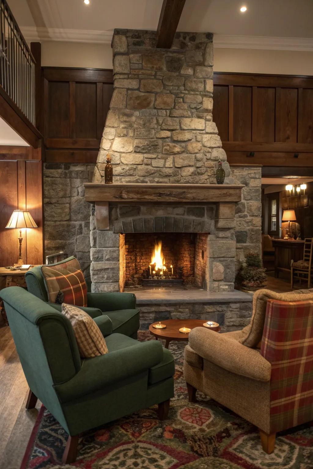 A stone fireplace creates a warm, inviting focal point that embodies traditional charm.