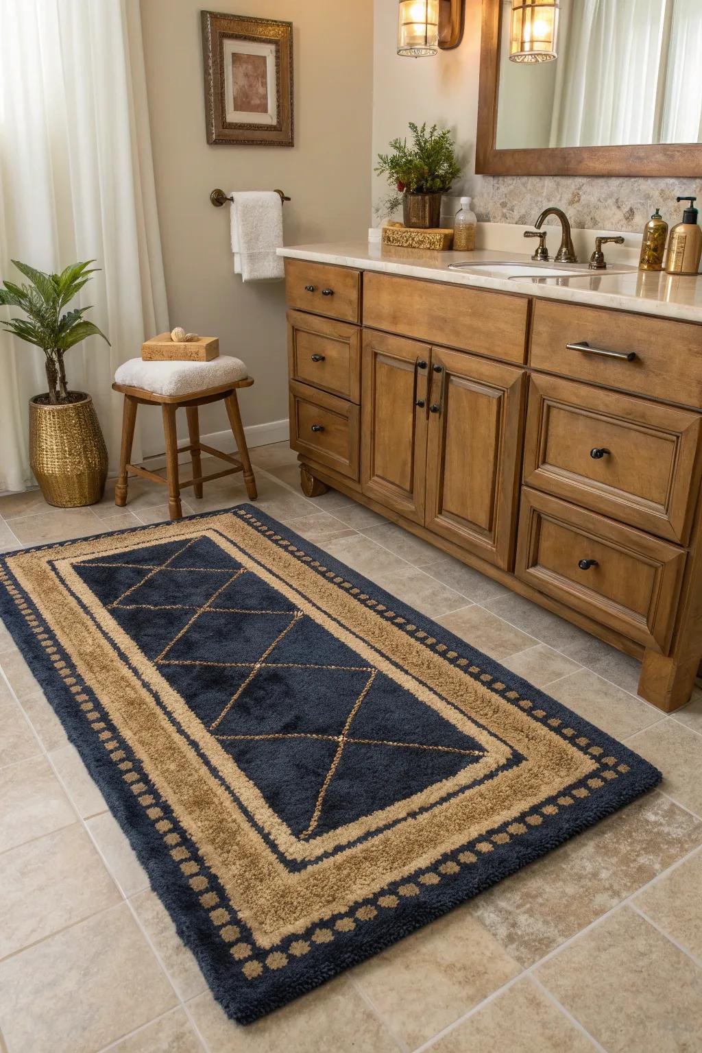 Define and enhance your bathroom space with strategically placed area rugs.