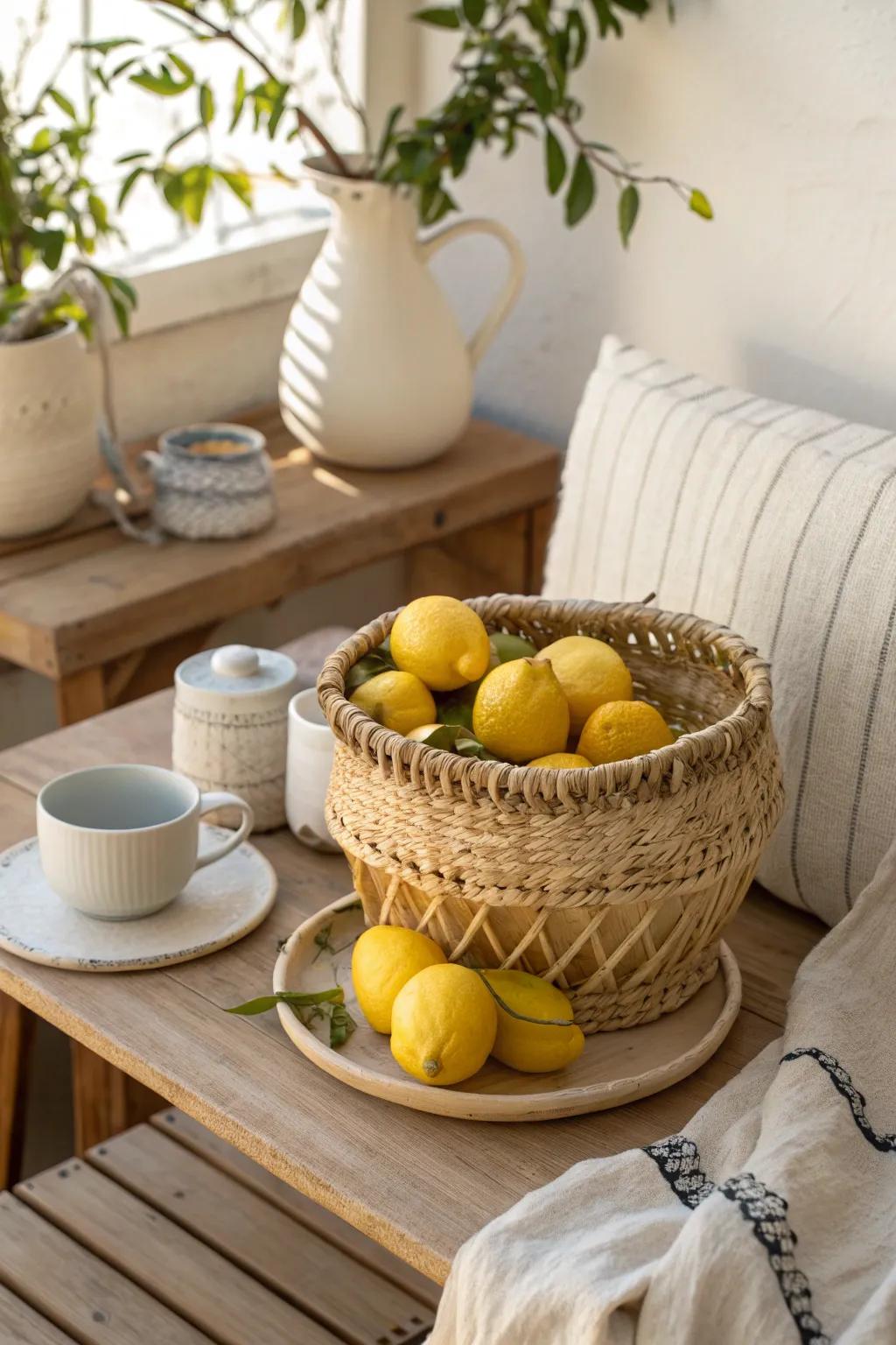 Bring a touch of sunny charm indoors with a woven basket brimming with lemons, perfect for casual dining.