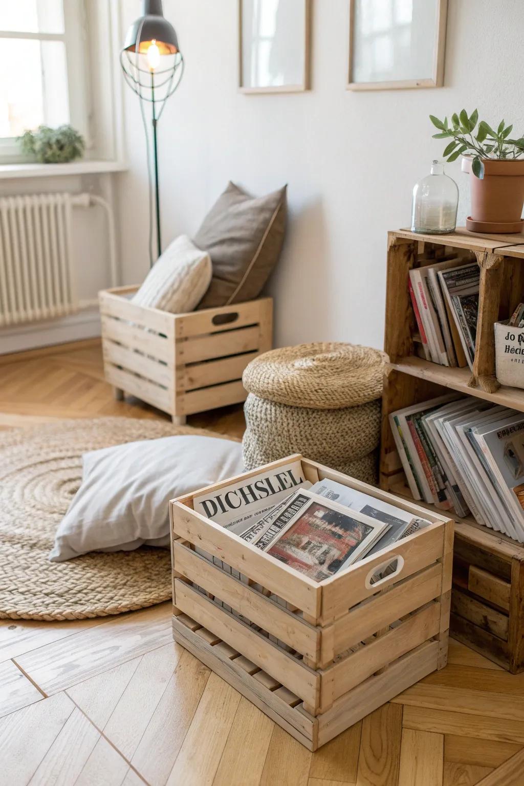 Repurposed wine crates offer a rustic and eco-friendly solution for magazine storage.