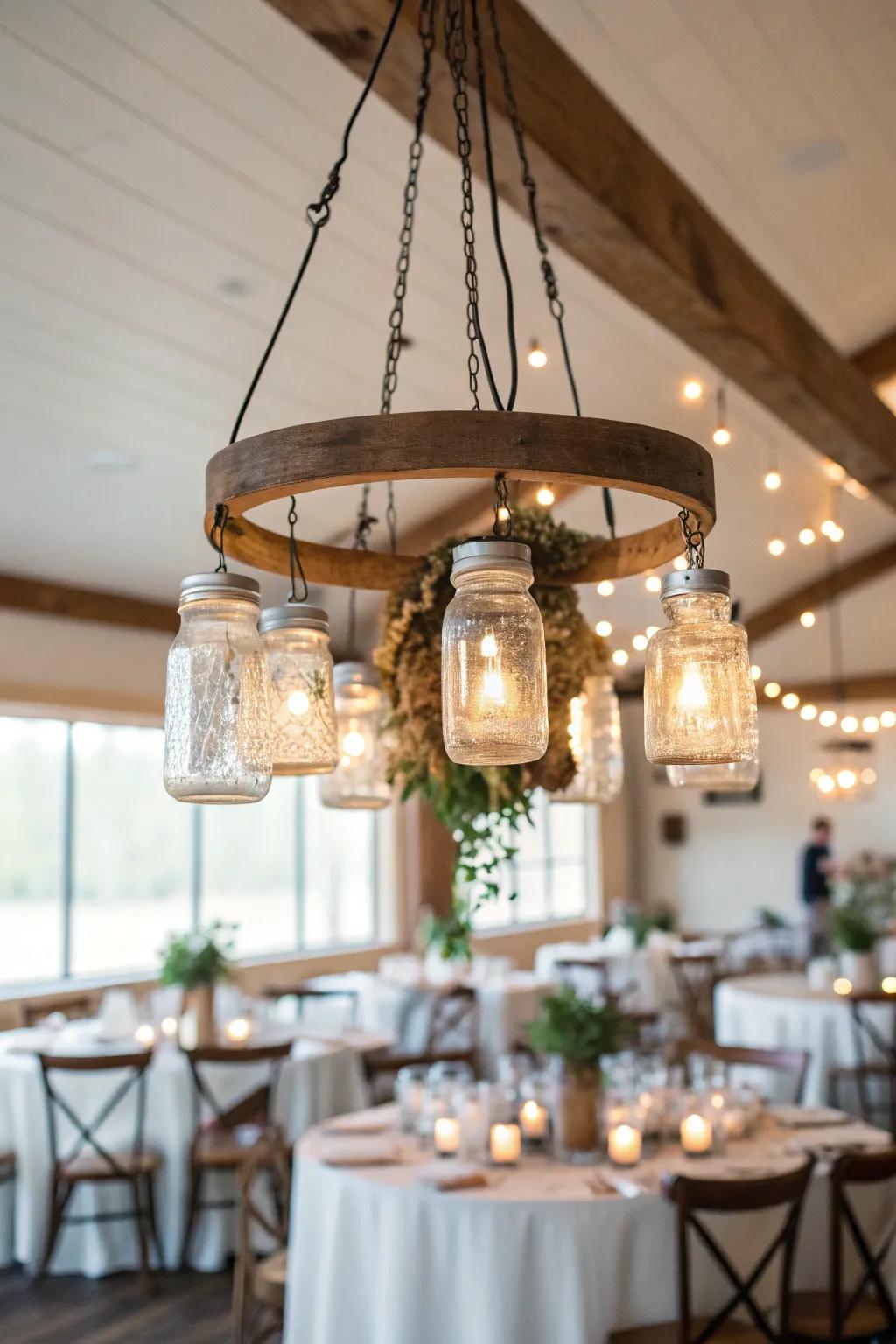 Add a touch of sophistication to your wedding with a mason jar chandelier, where rustic meets refined.