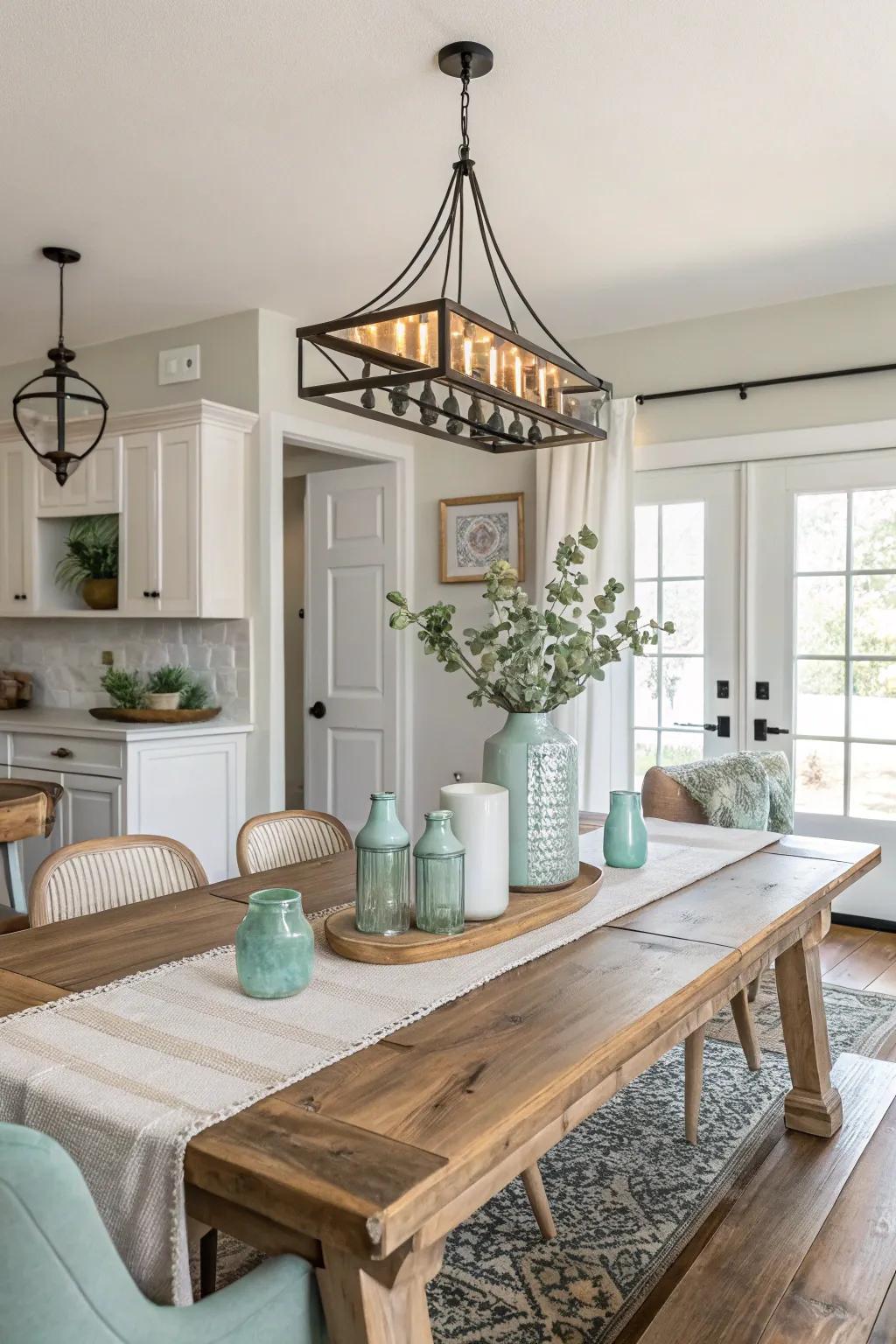 A statement chandelier brings a touch of elegance, creating a stunning focal point above your dining table.
