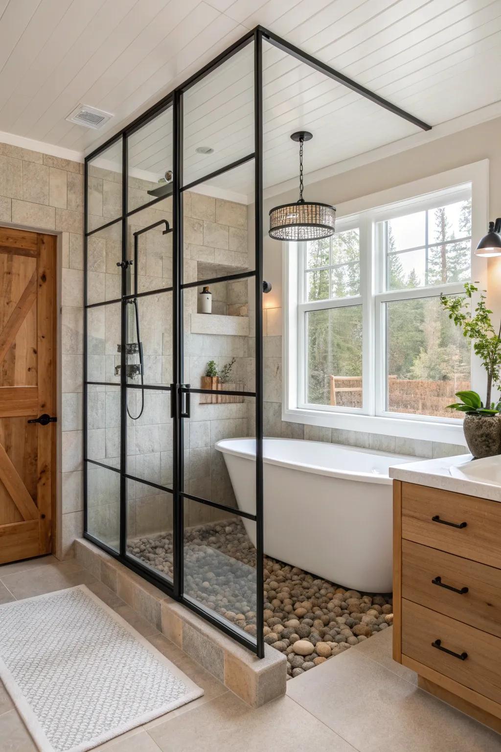 Black metal frames add a modern industrial edge to your bathroom design. ⚫️ #IndustrialStyle #ModernBathroom