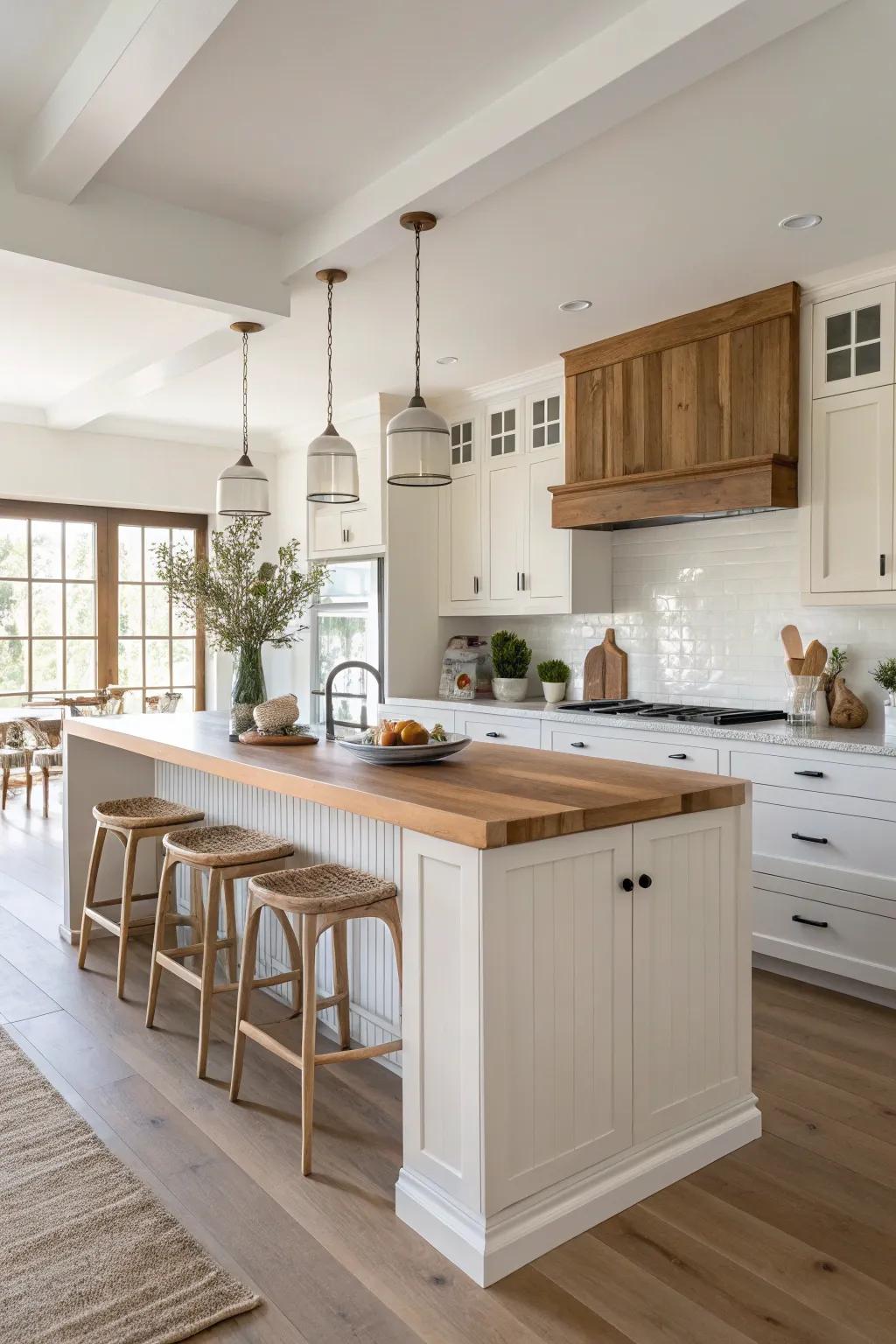 Create depth with a monochrome palette that complements wooden accents.