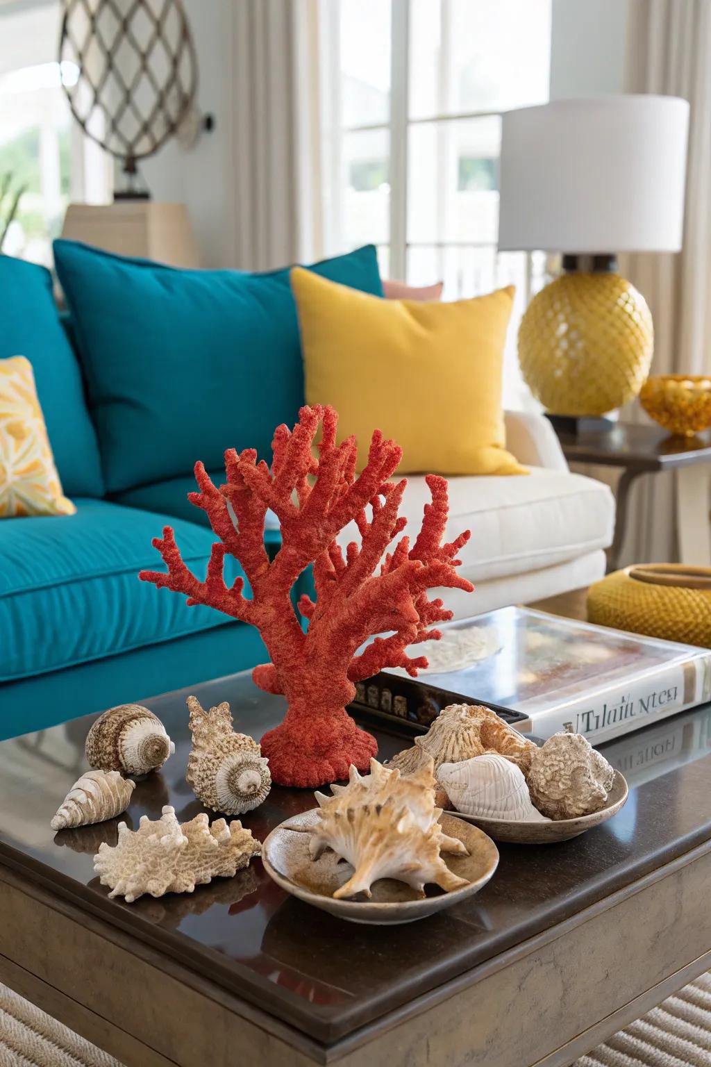 Bring the beach to your doorstep with seashell and coral accents.