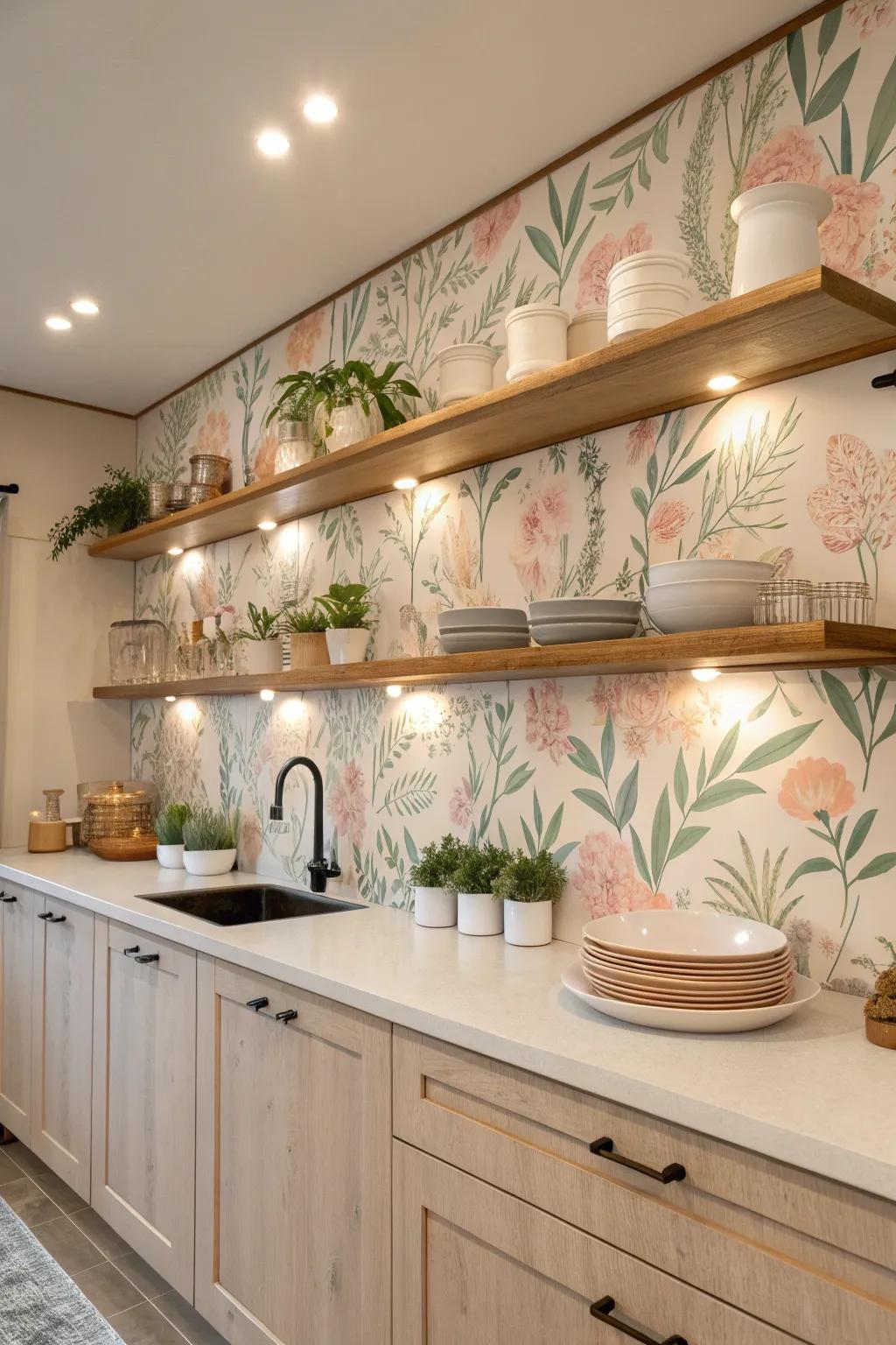Transform your kitchen shelves with wallpaper backing, adding a personal touch to your decor.