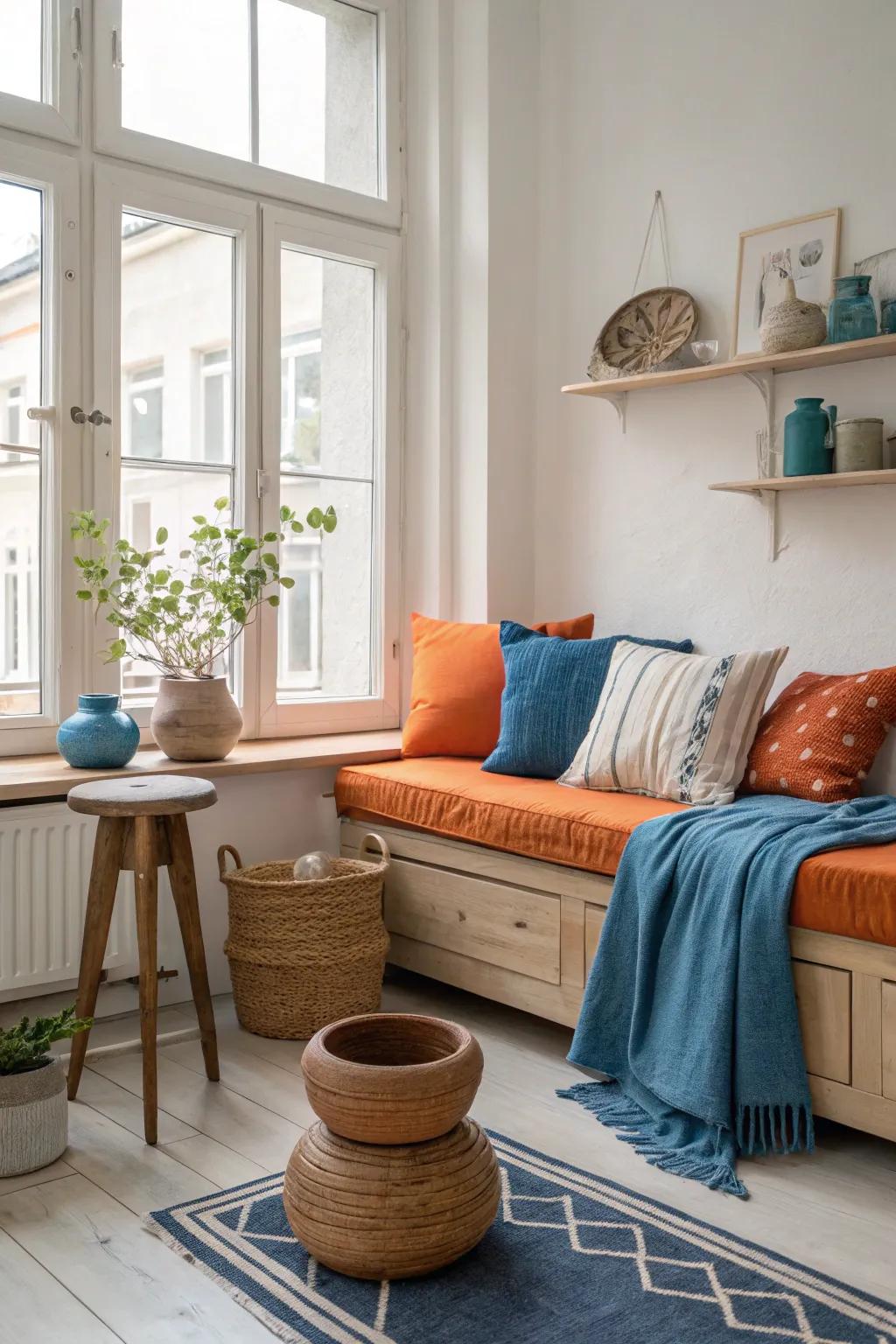 Let the natural light shine on your orange and blue decor for a truly vibrant space.