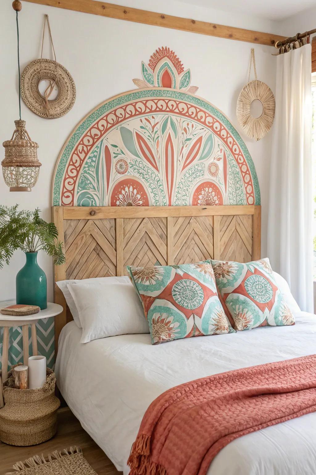 Bring bohemian flair to your space with a colorful, freeform painted headboard. 🌈 #BohoChic #ArtisticVibes