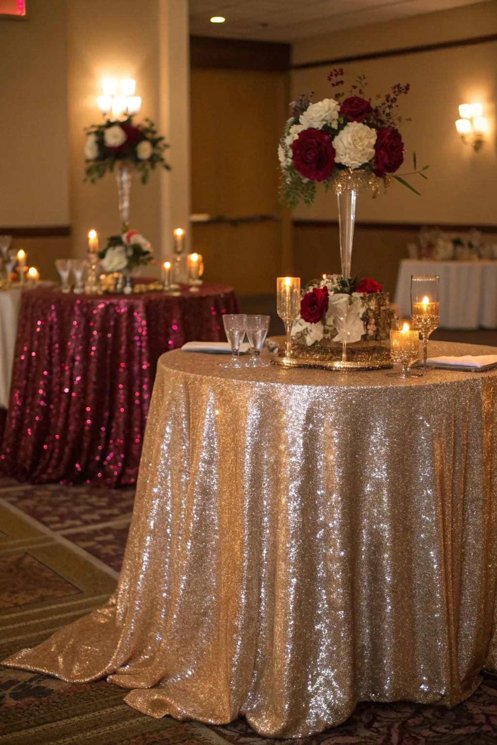 Add a touch of glamour to your party with shimmering tablecloths that catch the light beautifully.