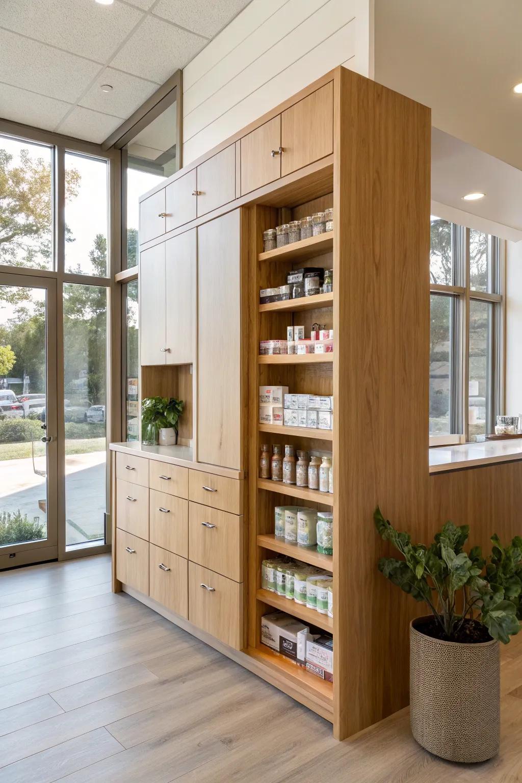 Custom cabinets bring both style and function to your pharmacy setup.