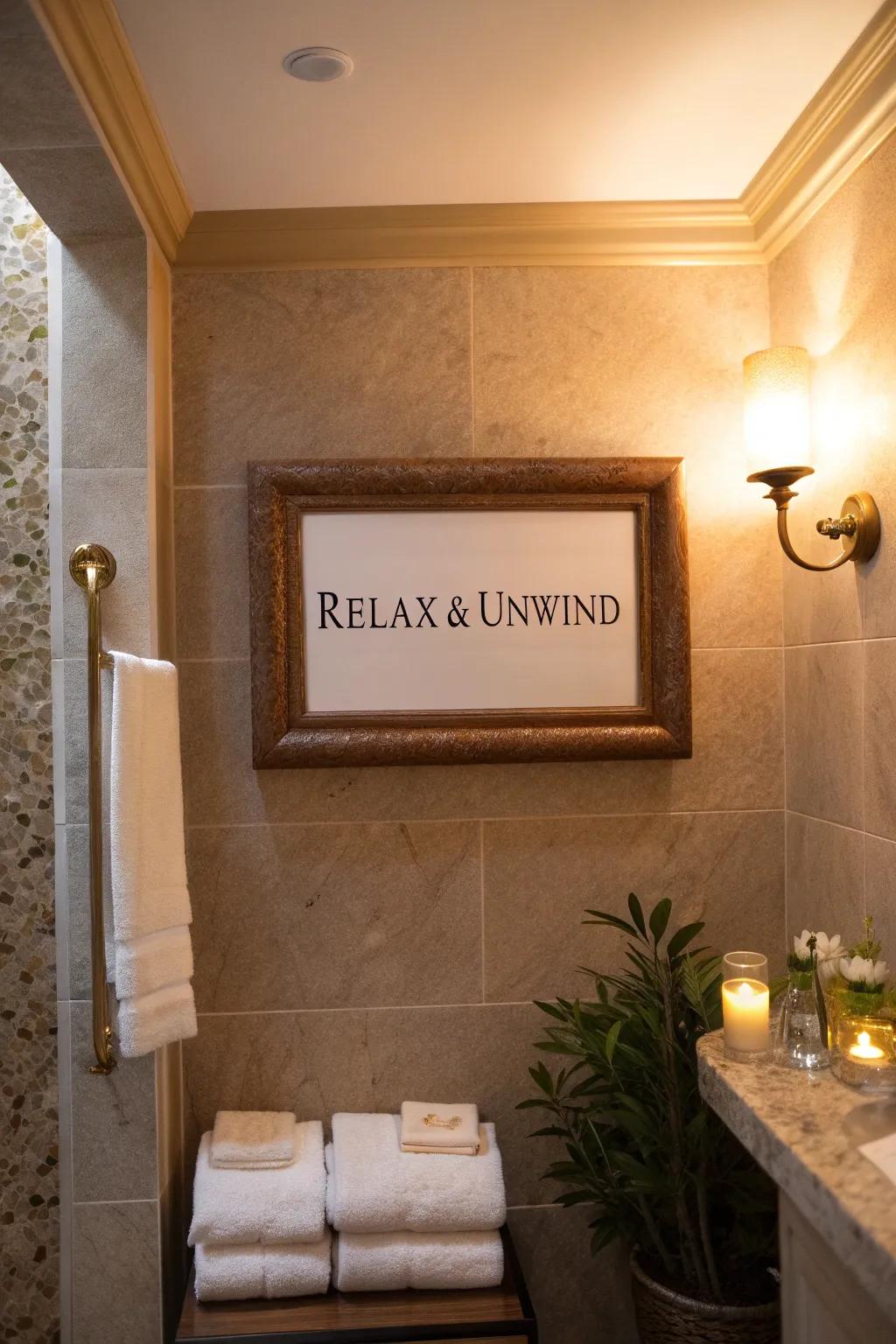 Transform your bathroom into a serene oasis with elegant, calming signs.