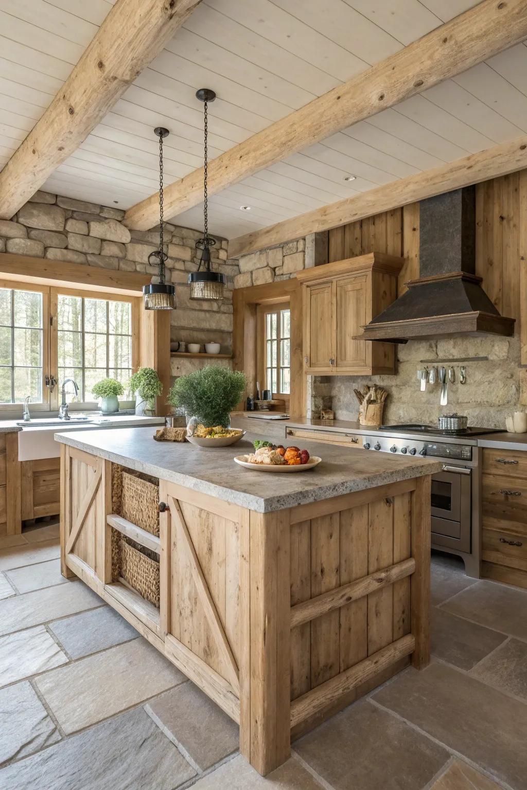 A mix of materials adds depth and texture to a rustic kitchen, creating a lived-in feel.