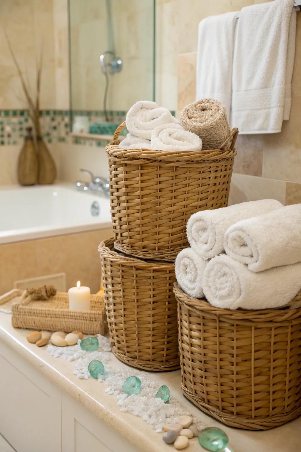 Wicker baskets provide practical storage with a touch of rustic charm.