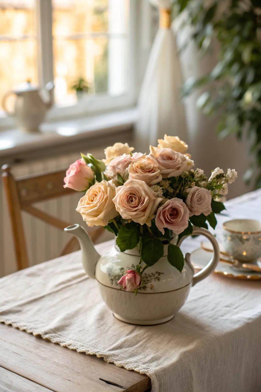 A vintage teapot filled with roses offers a charming nod to the past.