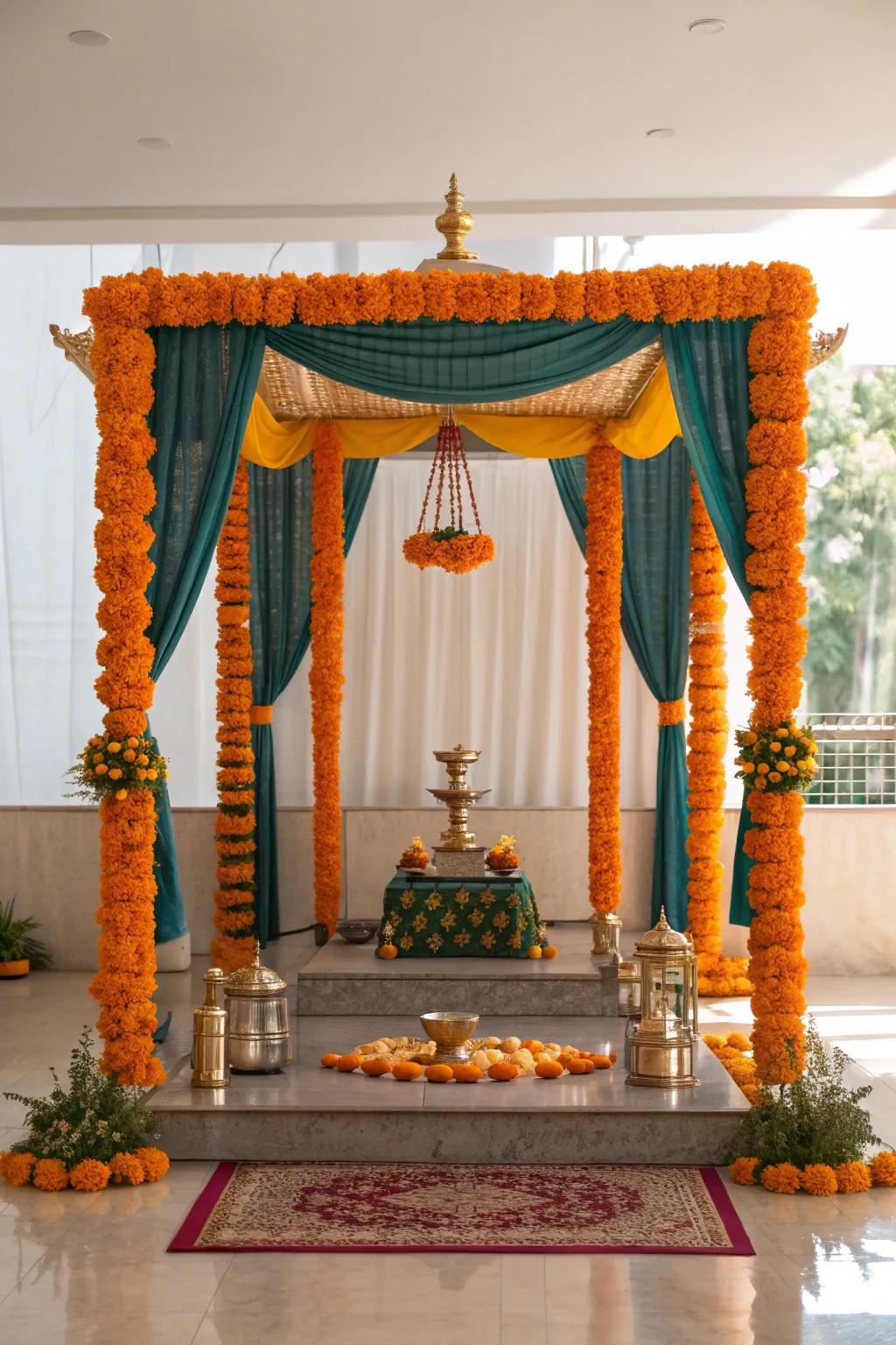 Embrace simplicity with a minimalistic mandap, creating a peaceful and focused atmosphere for your pooja.