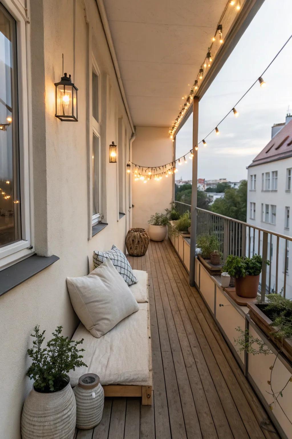 Lighting transforms your balcony into an evening retreat.