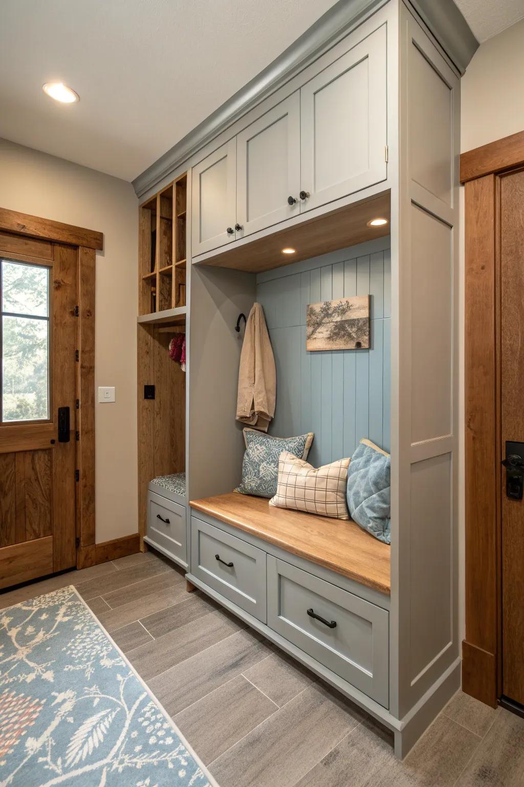 Hidden storage keeps your mudroom sleek and organized, perfect for maintaining a clean and polished look.