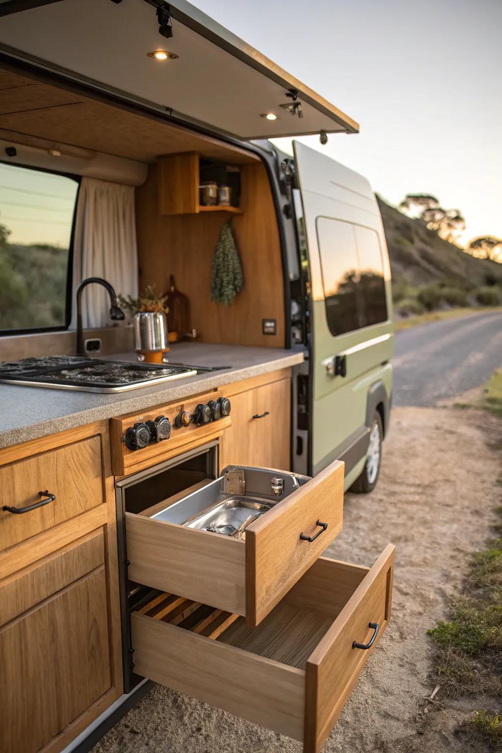 Cook under the stars with a convenient slide-out kitchen drawer. #OutdoorCooking #VanLife