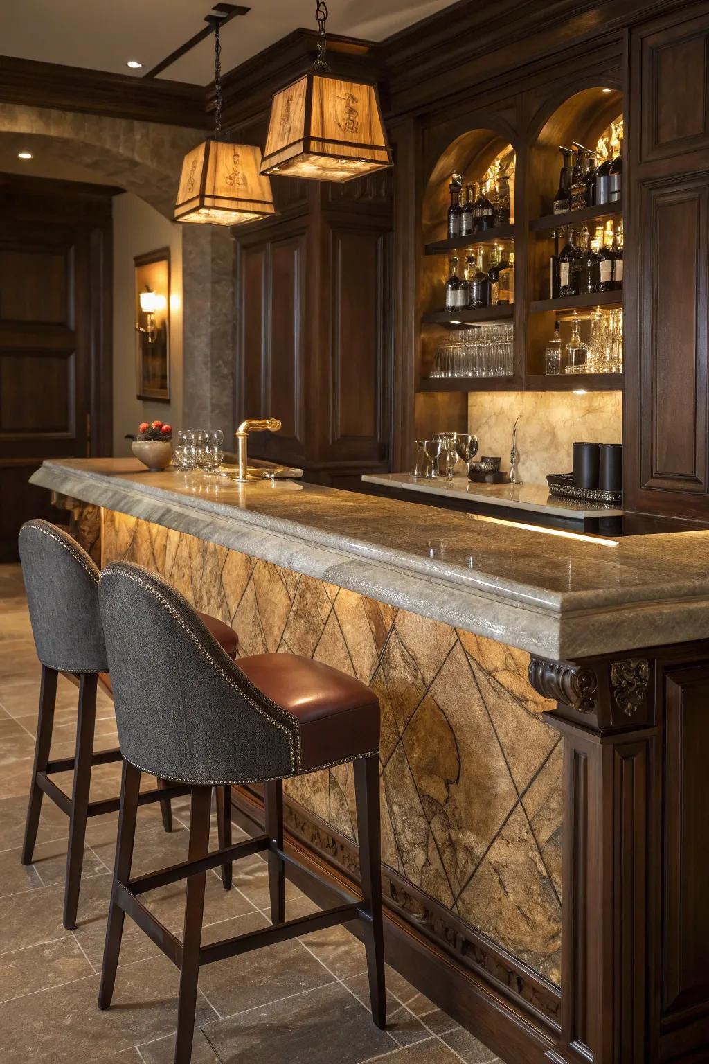 Add glamour and durability with a quartzite bar top. #LuxuryLiving #BarDecor #Quartzite