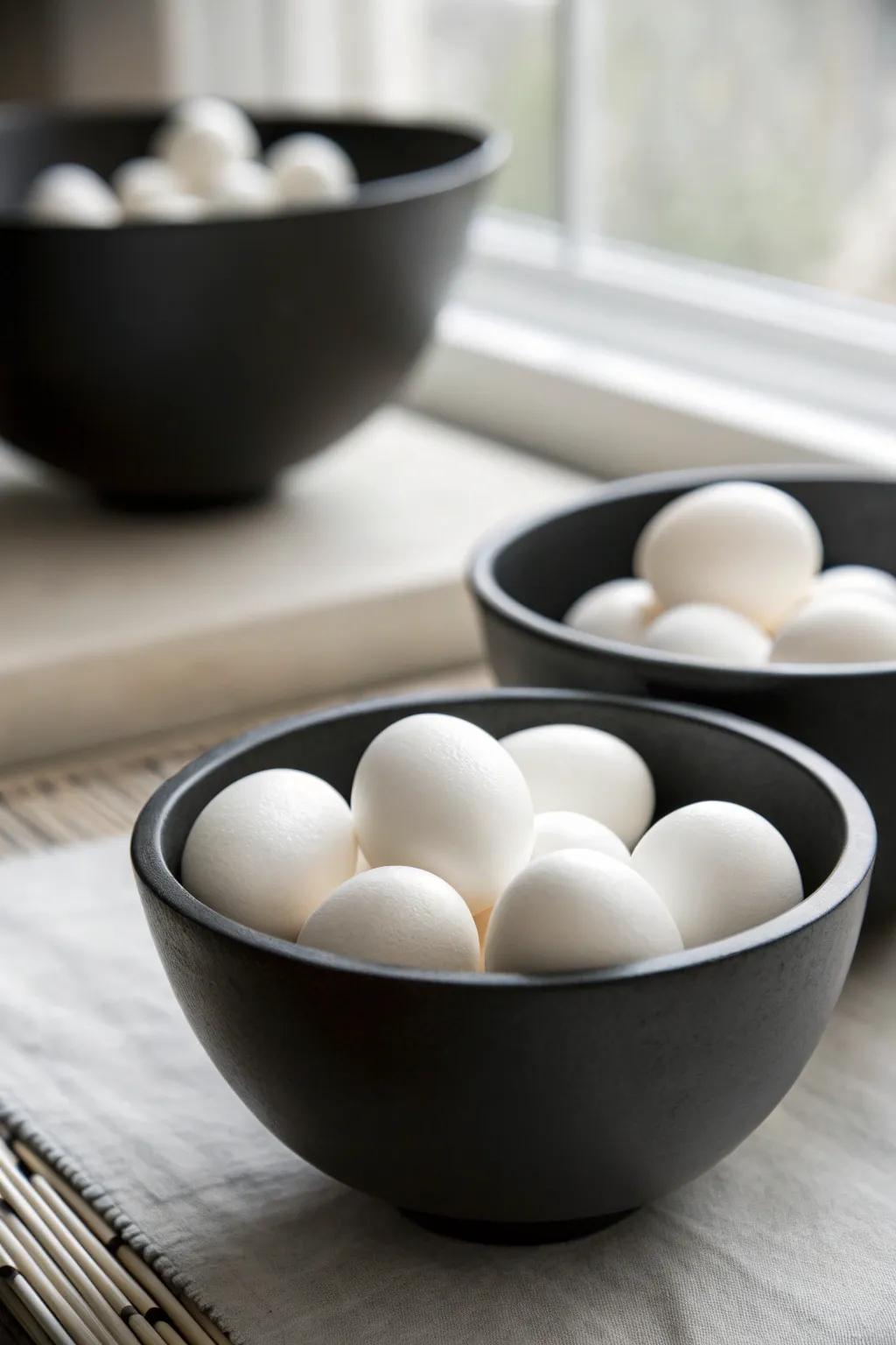 Embrace minimalist elegance with black bowls and white orbs for a chic centerpiece. ⚪ #MinimalistDecor #ChicLiving