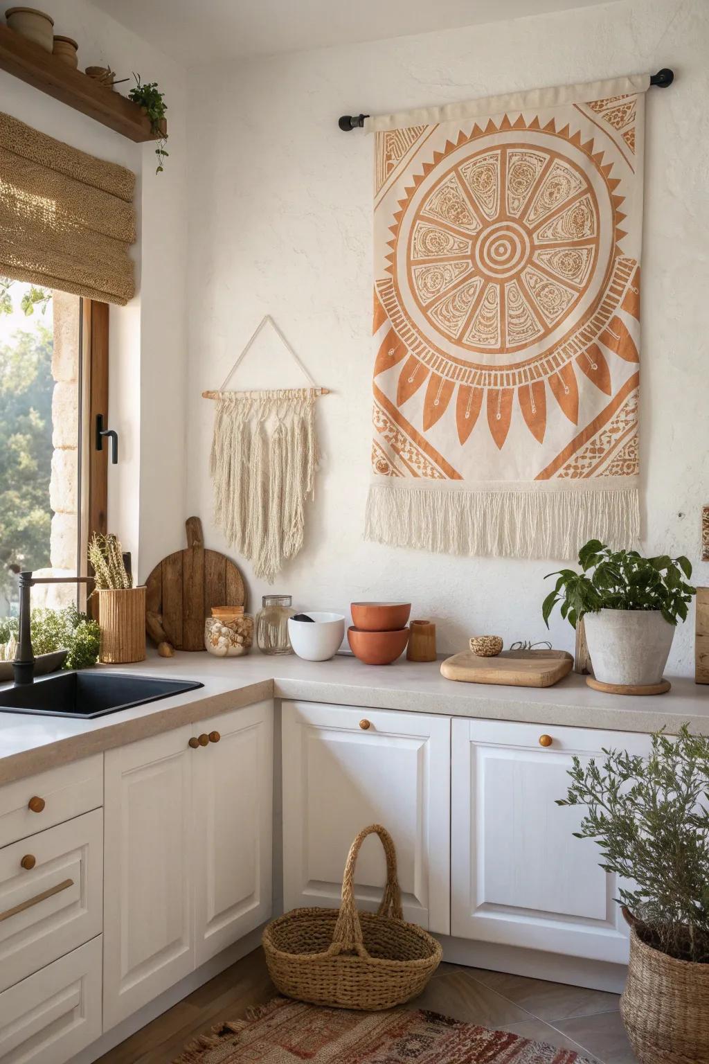 Express your identity with artwork that adds a personal touch to your bohemian kitchen. 🎨 #ArtInspiration #PersonalSpace #BohoVibes