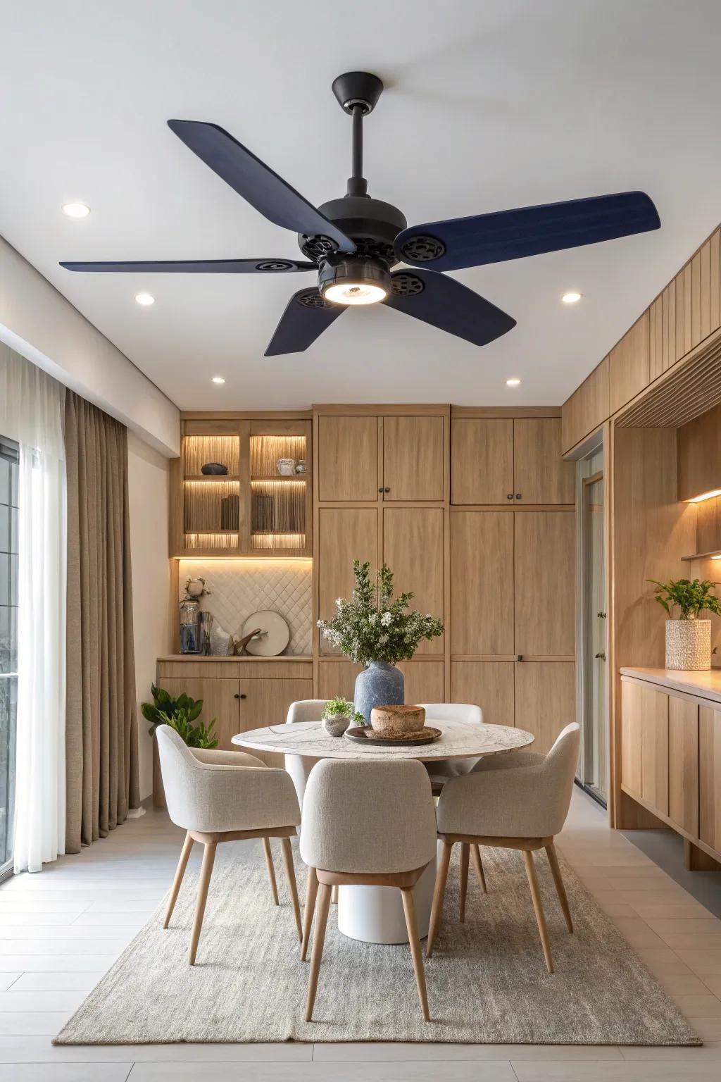 Make a bold statement with a ceiling fan that contrasts beautifully with your dining room decor. 🎨 #InteriorDesign #BoldChoices