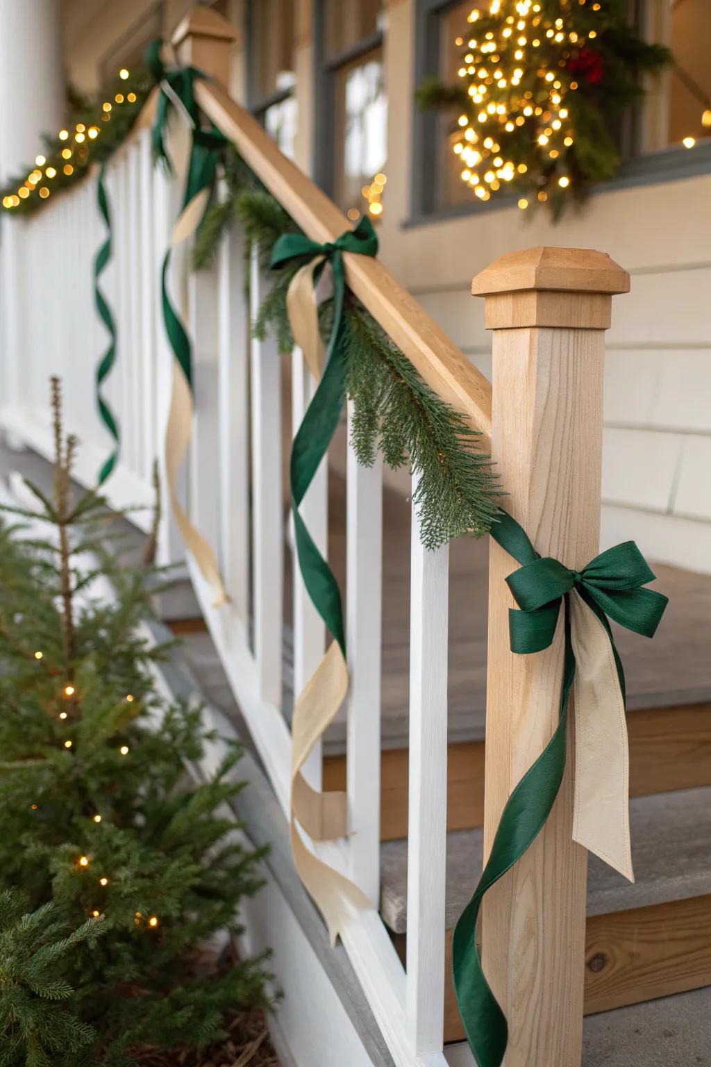 Let festive ribbons twirl around your railings, adding a touch of whimsy to your holiday decor. 🎀 #RibbonDecor #HolidayWhimsy
