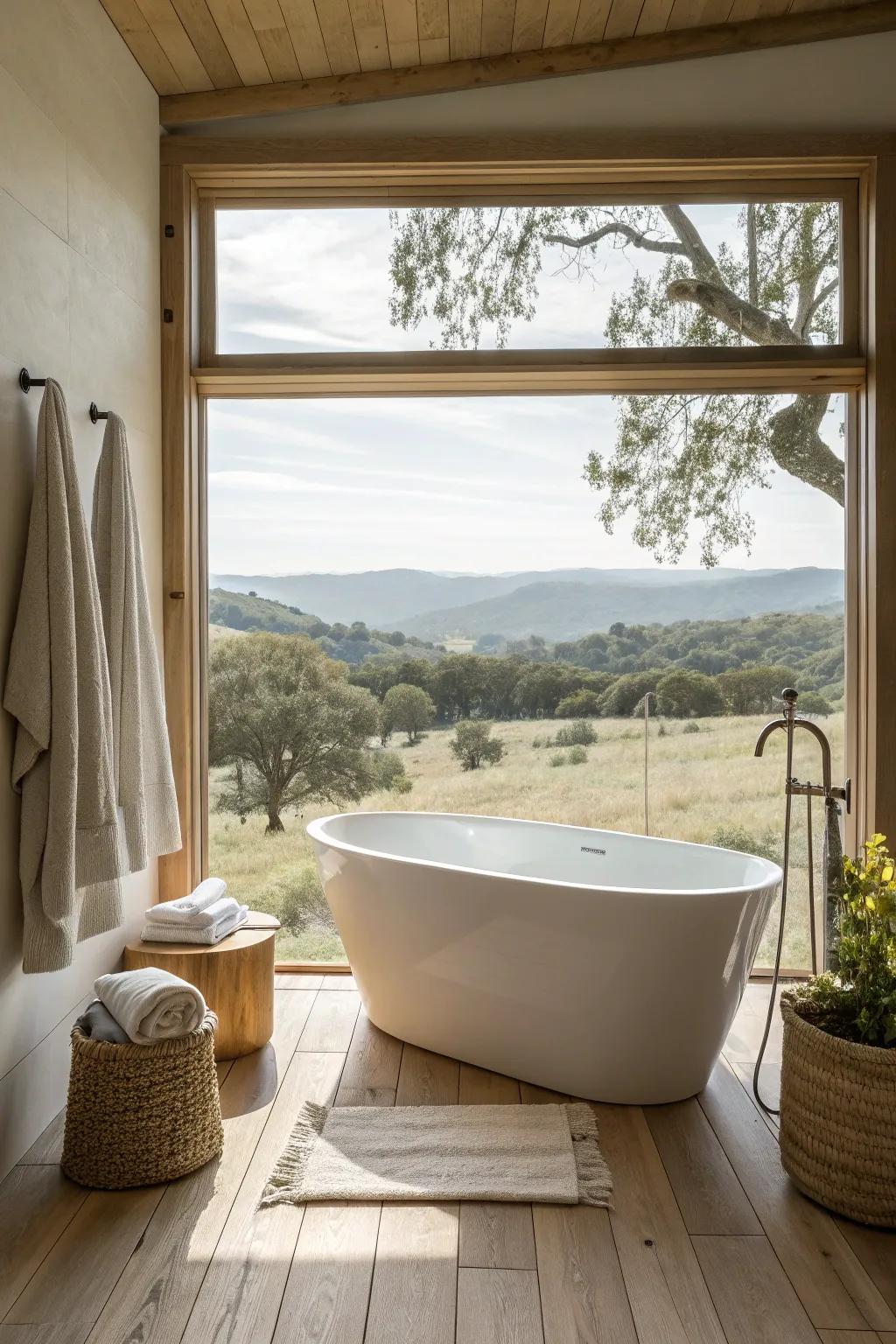 Turn your bath time into a serene escape with a corner freestanding tub that offers a breathtaking view.