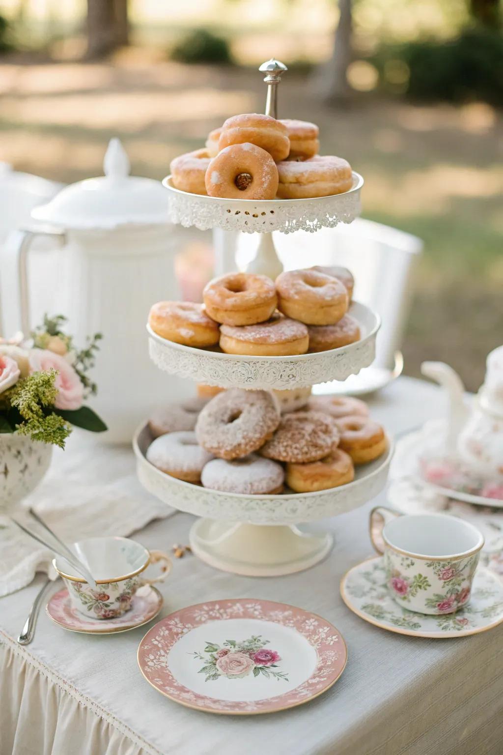 Step back in time with a vintage tea party donut display, full of charm and elegance. ☕️ #VintageWedding #TeaPartyVibes