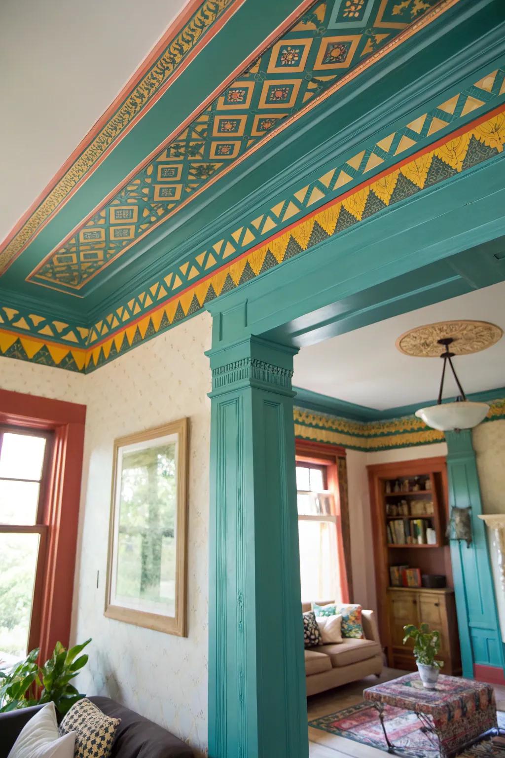 Geometric patterns in crown molding bring a modern edge to classic farmhouse style.