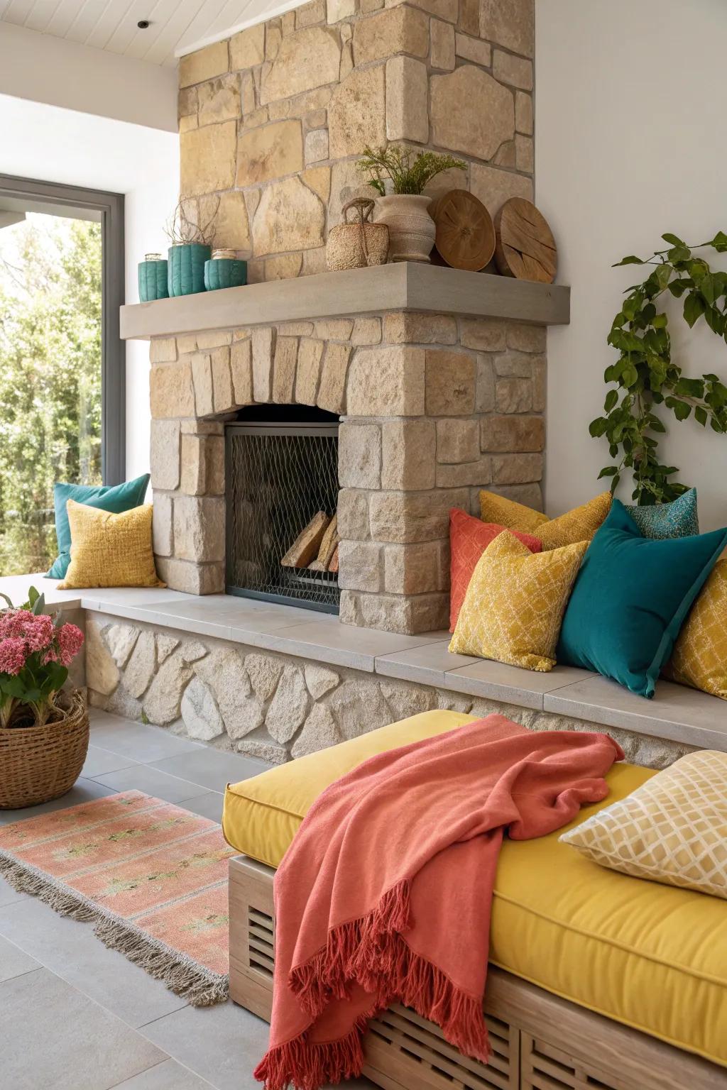 Layered textures add depth and interest to your hearth design. 🪵 #LayeredTextures #HomeDecor