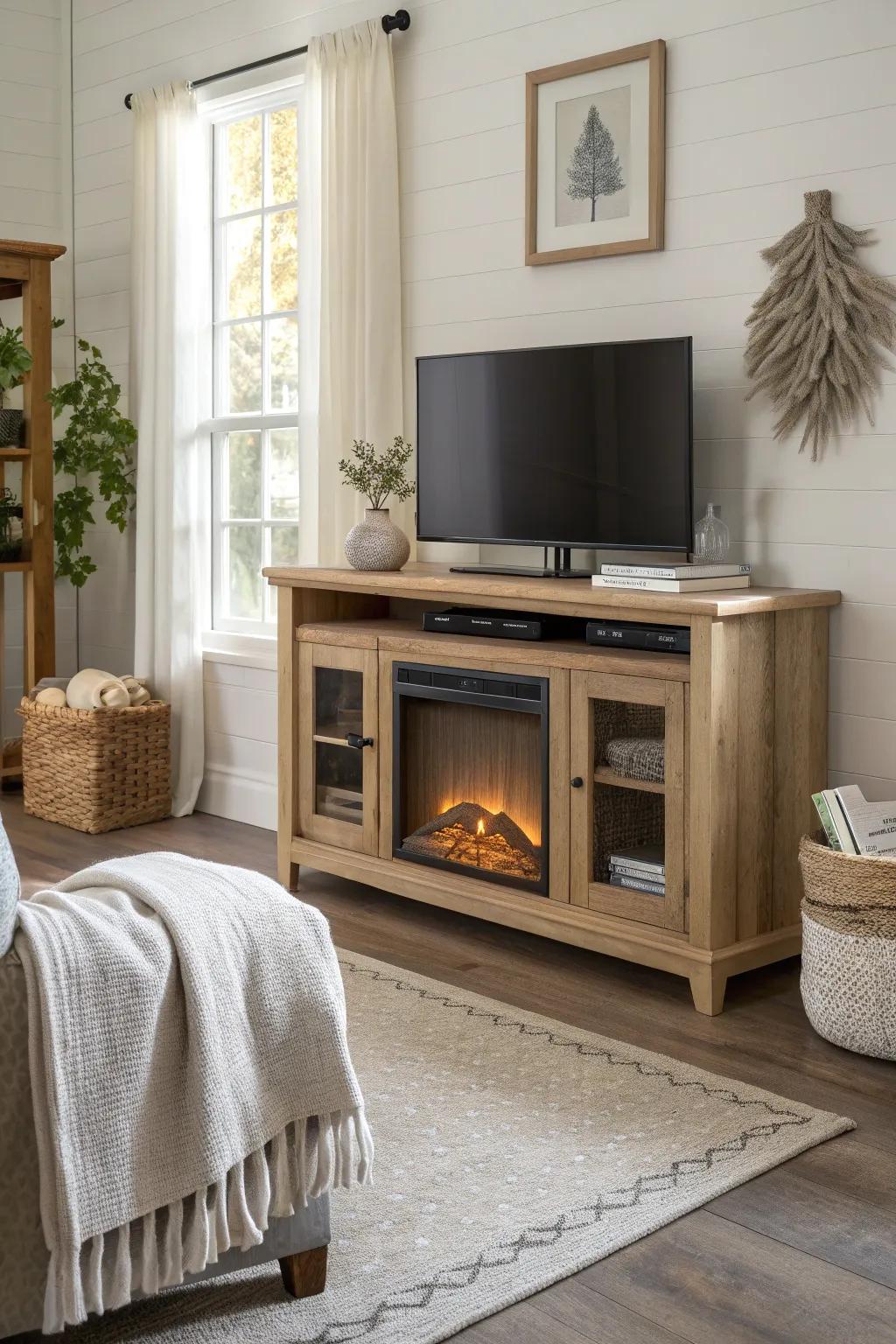 Design a versatile living space with a dual-function TV stand that combines entertainment and relaxation. 📚 #MultiPurposeLiving #CozyCorners