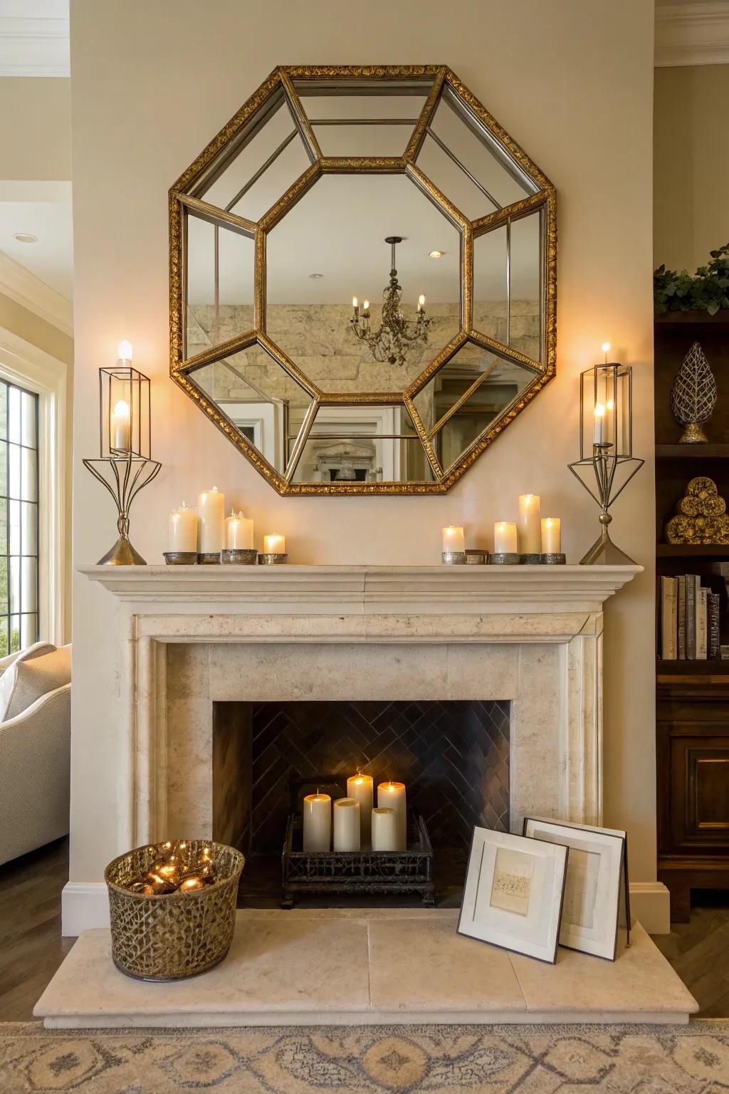 Add a modern twist with a geometric mirror that stands out above your fireplace. 🔶 #ModernDesign #Geometric