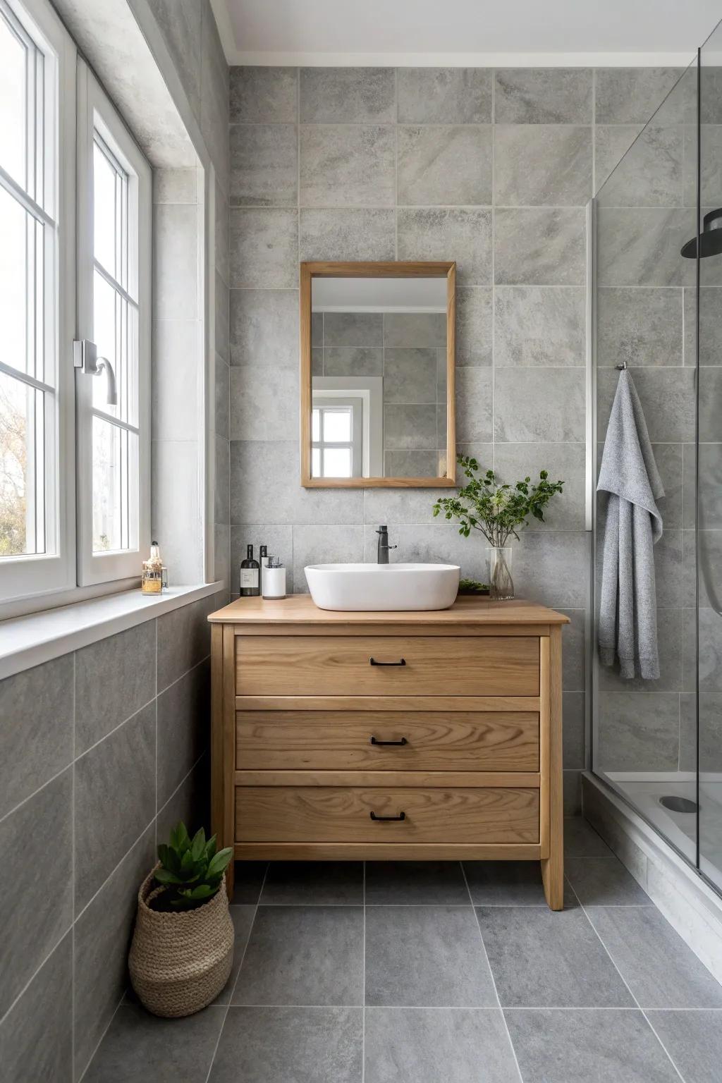 🪵 Blend tradition with modernity for a warm, sophisticated bathroom. #ClassicModern #TileFusion #BathroomBeauty