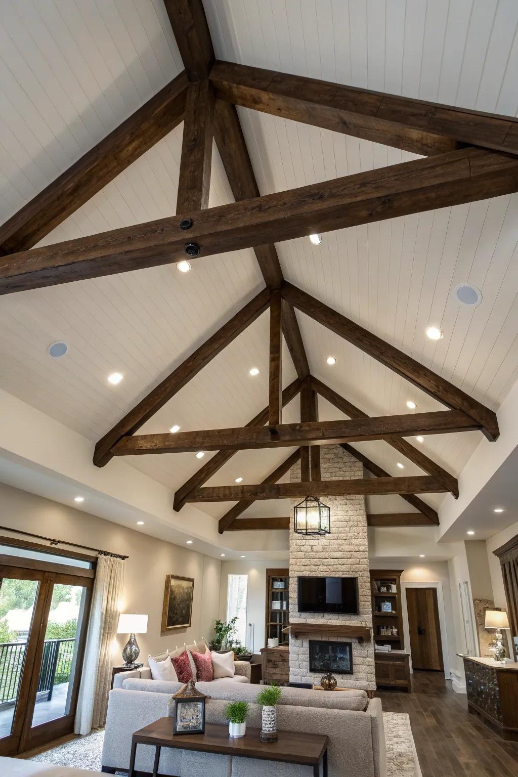 Create drama with contrasting beams and ceilings for a bold design statement. 🎨 #ContrastDesign #CeilingIdeas