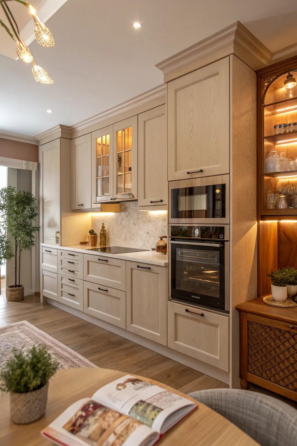 Achieve a sleek and cohesive kitchen look with built-in appliance storage.
