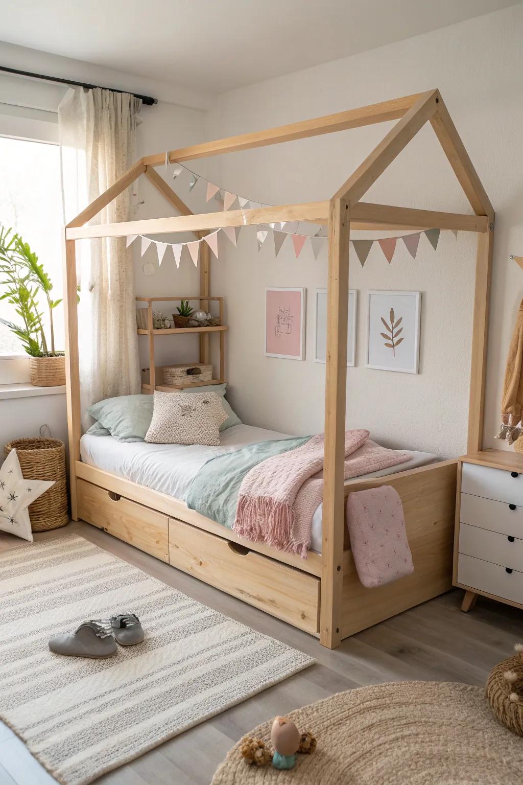 Elevate your style with a chic half-painted kura bed design. 🎨