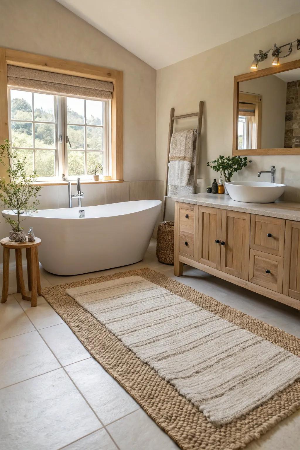 Achieve seamless style by coordinating your rug with bathroom fixtures. #HarmoniousHome #BathroomBliss