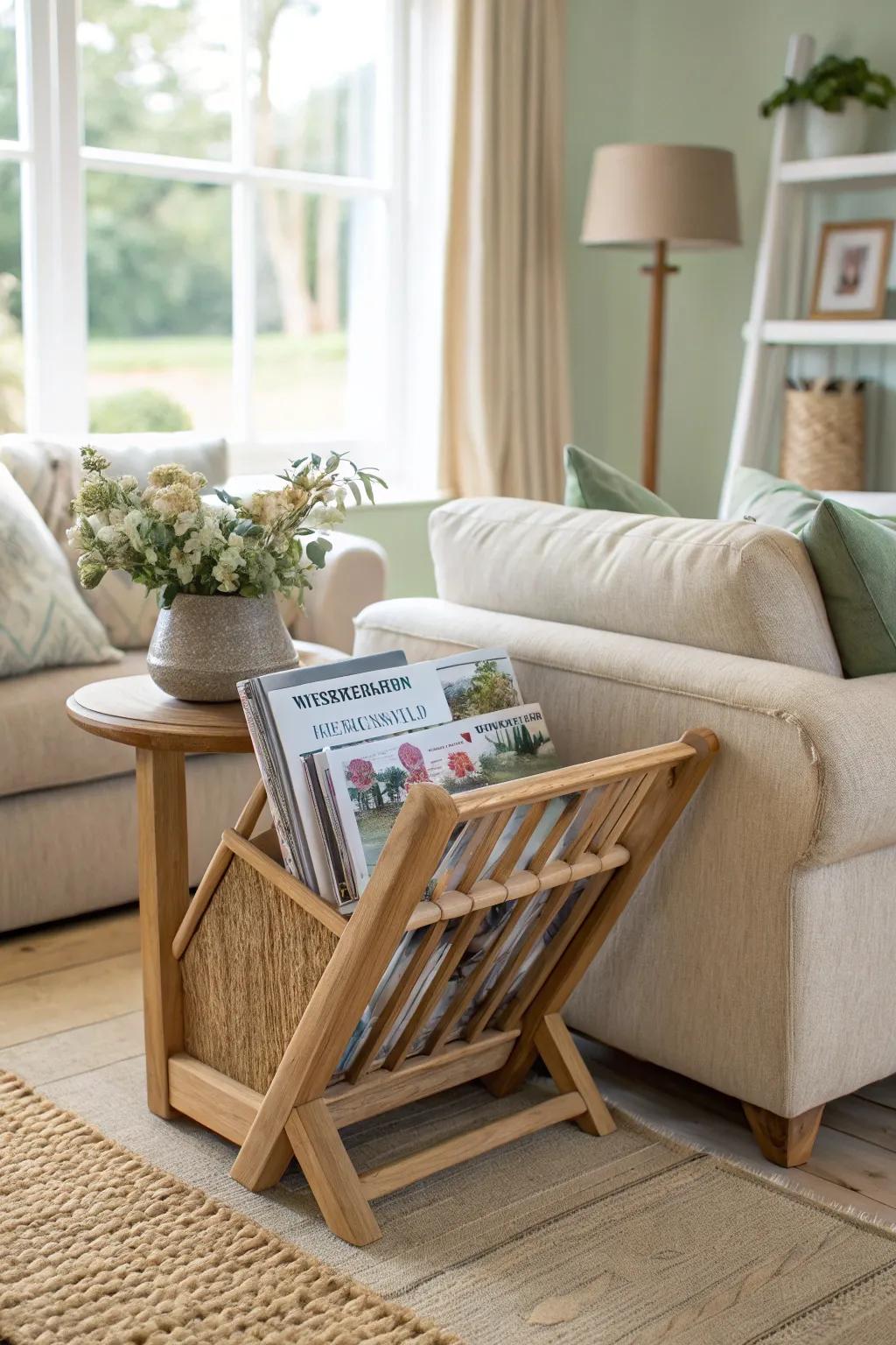 Stay organized with a chic magazine rack that keeps your favorite issues within easy reach. 🛋️ #LivingRoomStyle #EffortlessOrganization #MagazineLove