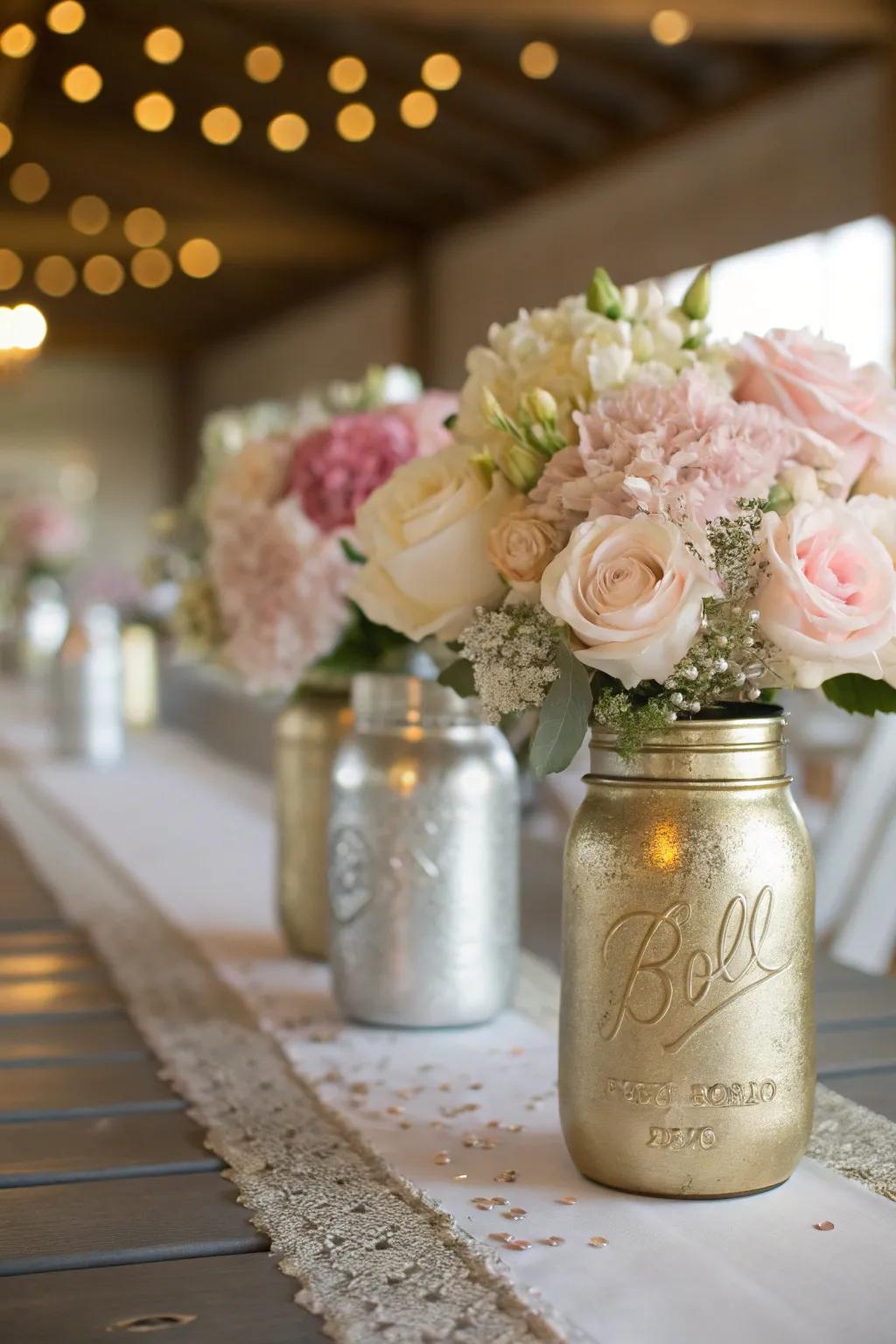 Elevate your decor with spray-painted mason jars, adding a luxe touch to your wedding tables. 🌟💐