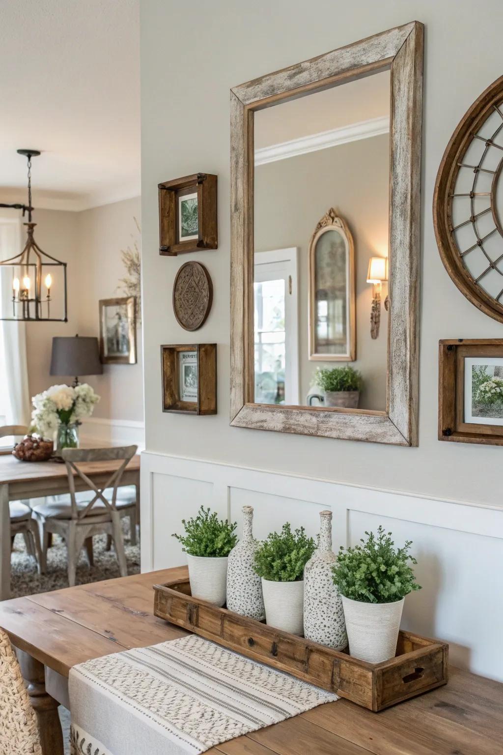 Antique mirrors add vintage charm while enhancing light and space. ✨ #AntiqueDecor #MirrorMagic #DiningRoomIdeas