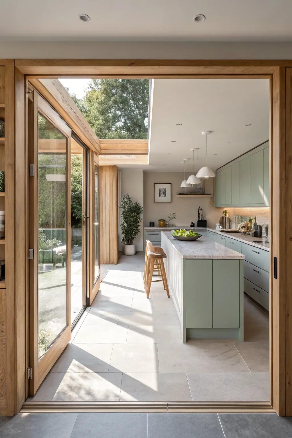 Enjoy fresh air and an open view with bi-fold windows in your kitchen. #AiryDesign #ModernLiving