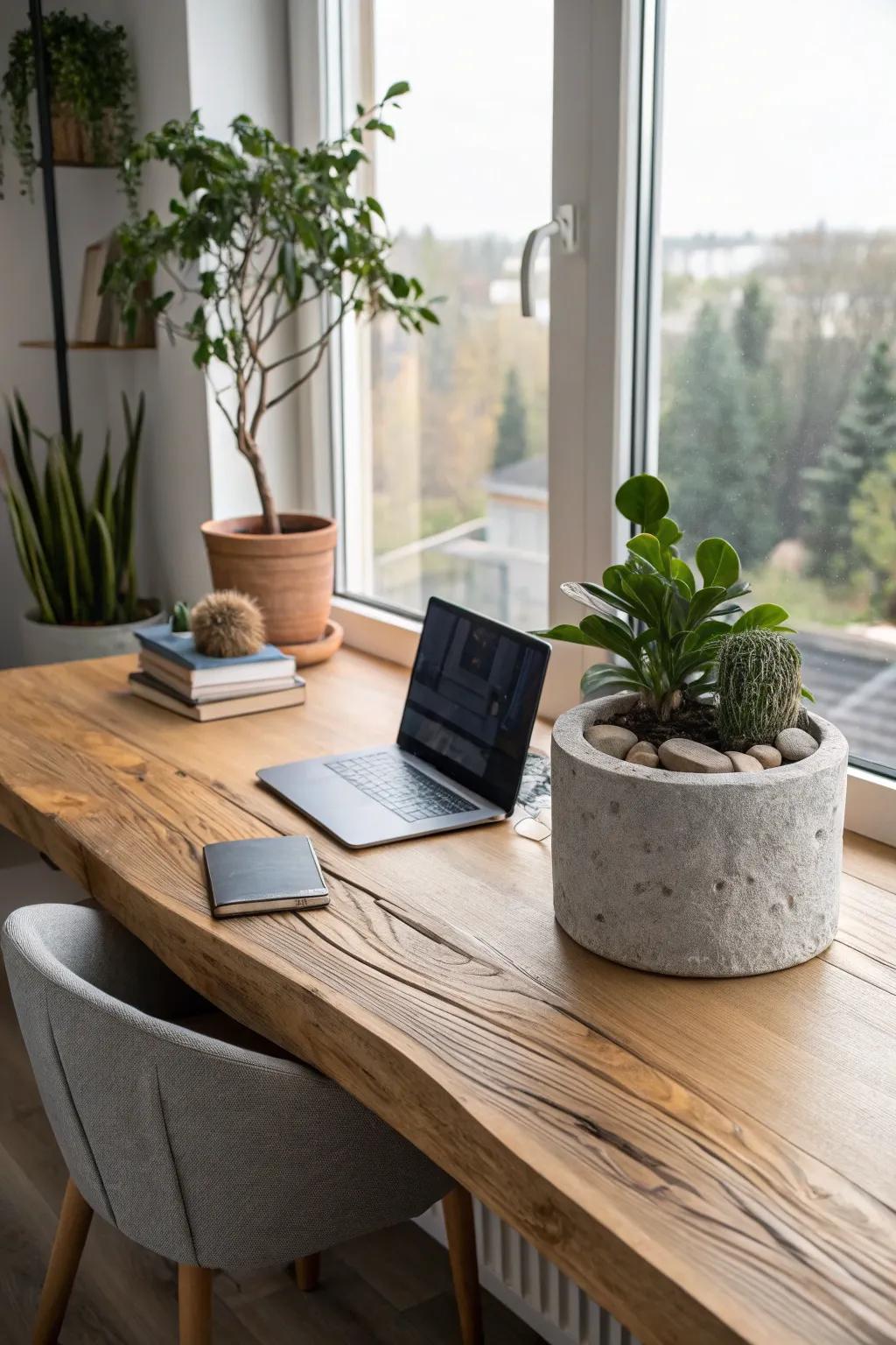 Bring nature indoors with wood and stone elements for a calming workspace. 🌿 #NaturalDesign #OfficeCalm