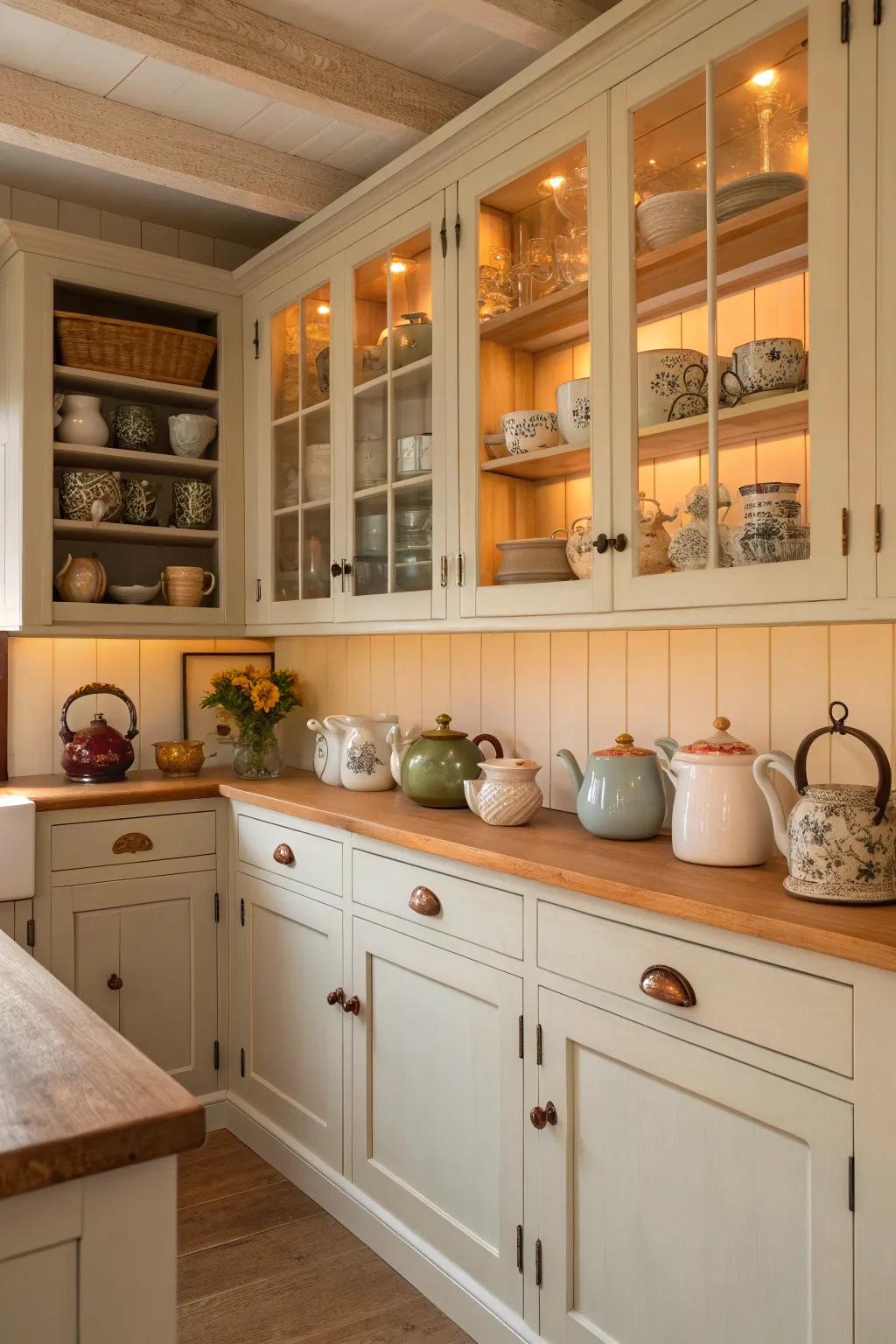Showcase your personal collection in open cabinets, bringing character and charm to your kitchen. #PersonalTouch #KitchenCollections #VintageVibes