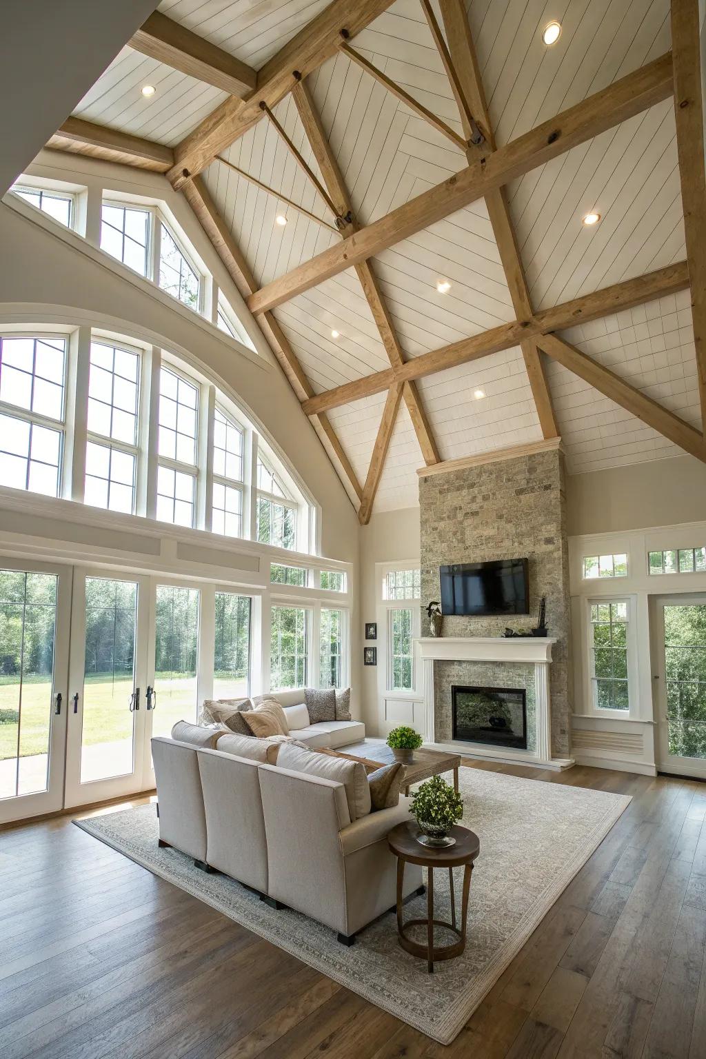 Ceiling treatments add depth and drama to open living spaces.
