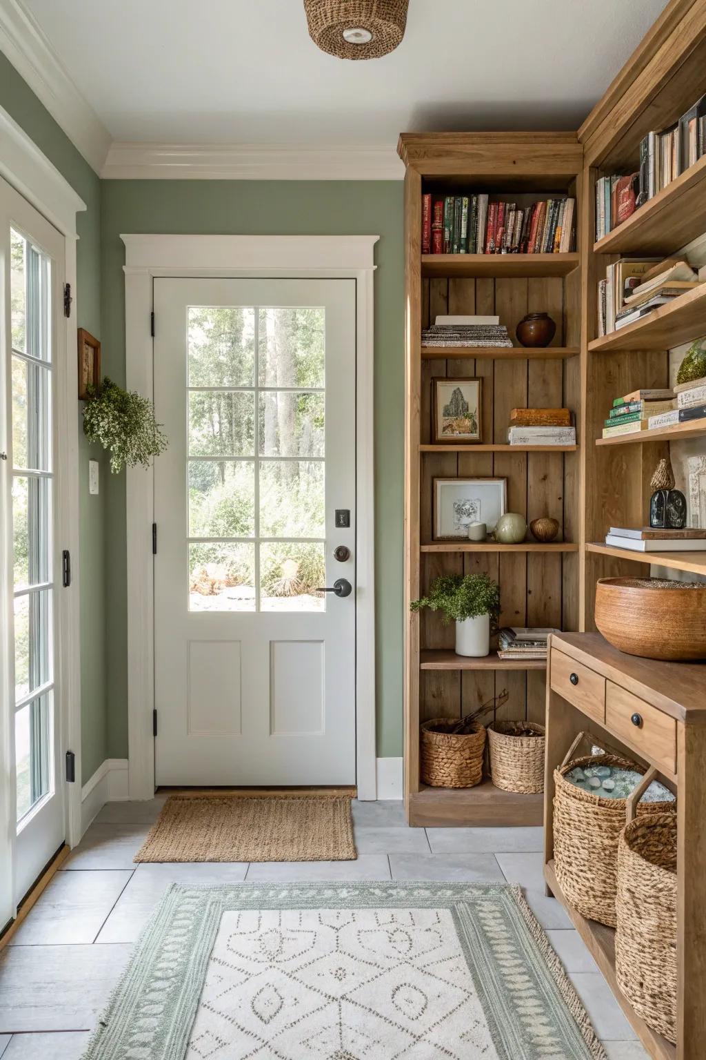 Built-in shelving maximizes space and style in your entryway. #InteriorInspiration #ShelvingIdeas 📚🌿