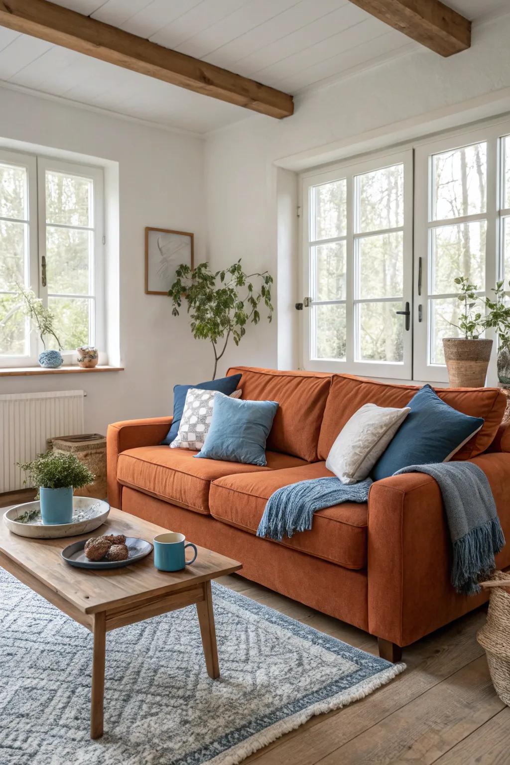 Dare to pair burnt orange with denim blue for a chic, contemporary living room. #UnexpectedPairings #ChicLiving 💡